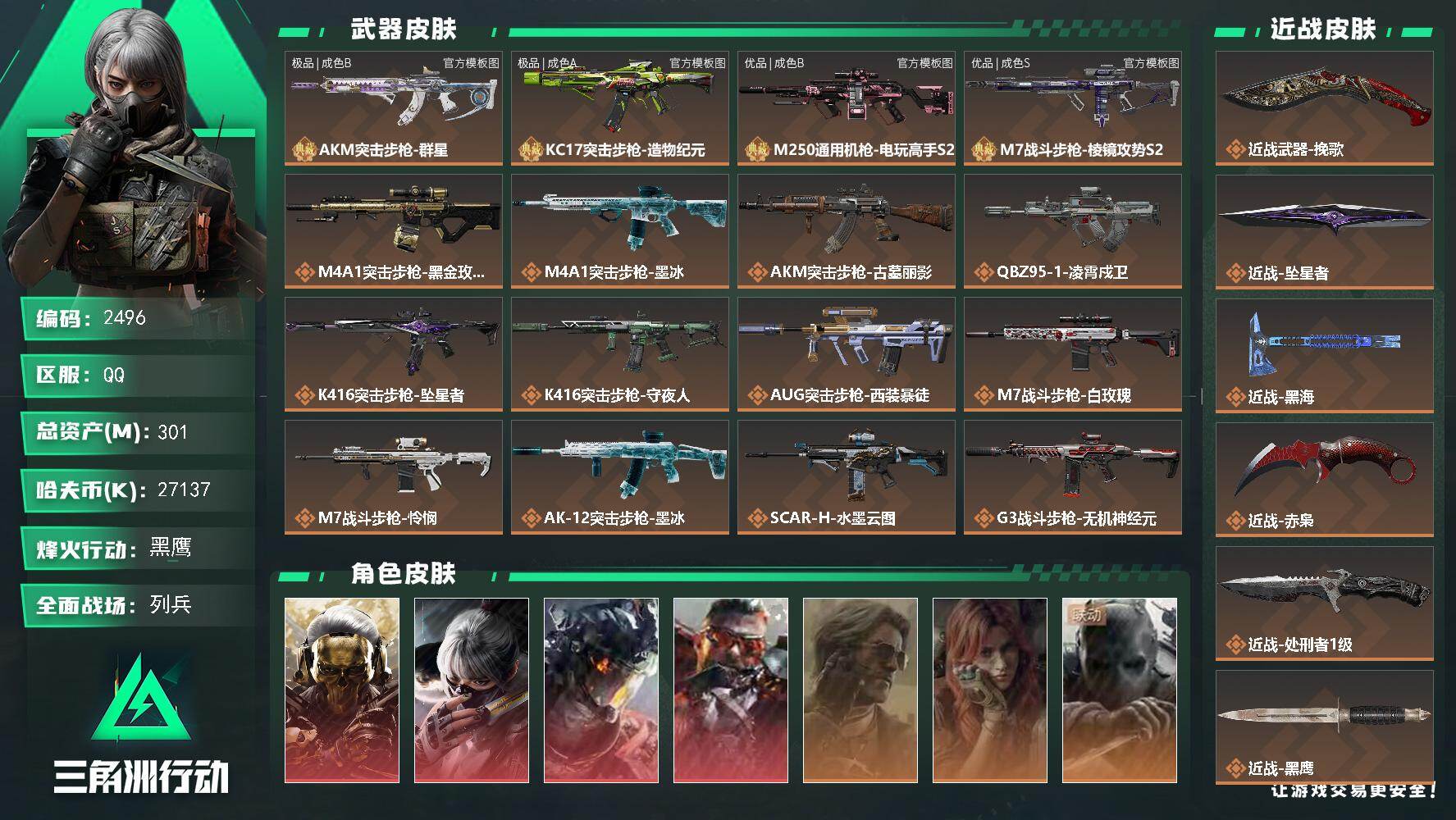 三角洲行动账号QQ301m总资产-27137k哈夫币-60烽火等级-黑鹰-7战场等级-列兵
【干员外观】：红狼-蚀金玫