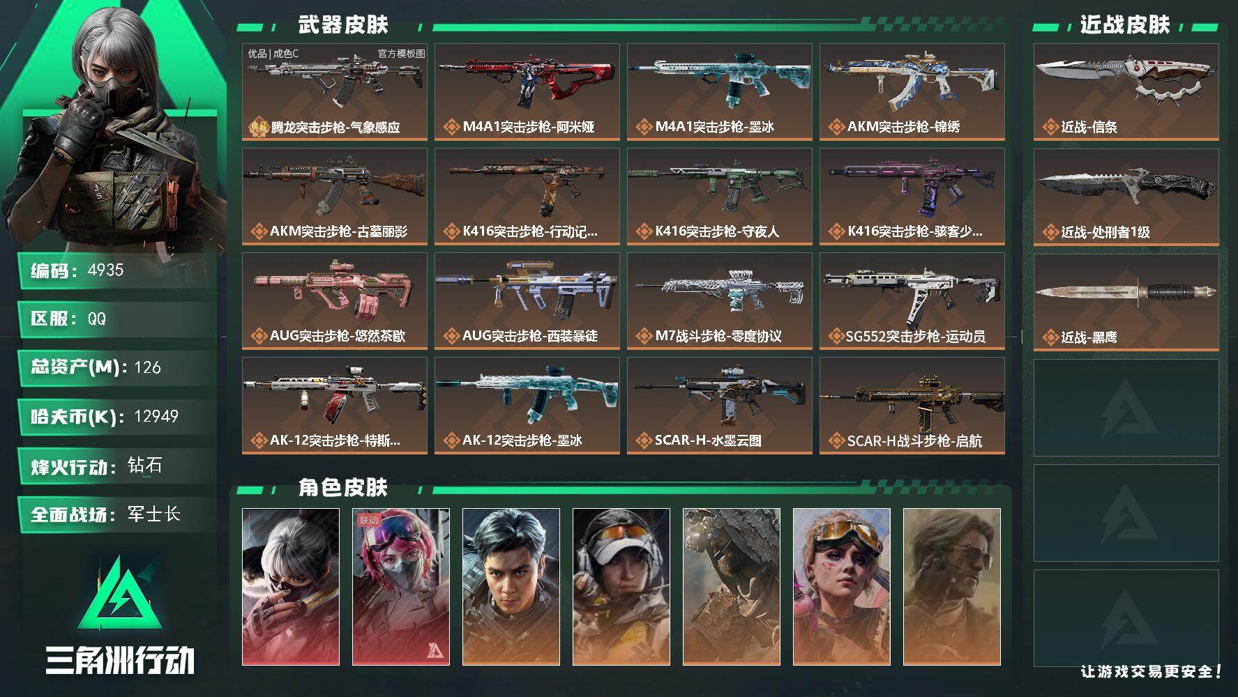 三角洲行动账号QQ【4935】总资产126M/哈夫币1294万/传说近战数2/干员外观数12/典藏外观数1/传说枪皮数