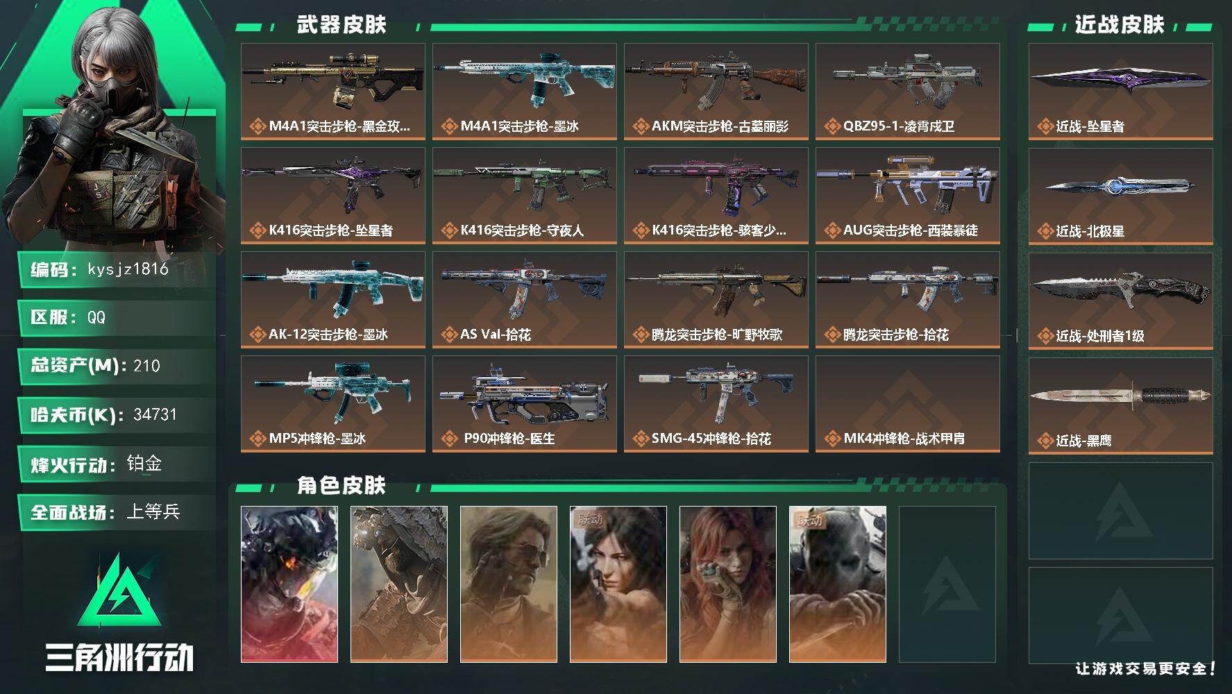 三角洲行动账号QQ210m总资产-34731k哈夫币-60烽火等级-铂金-23战场等级-上等兵
【干员外观】：威龙-凌