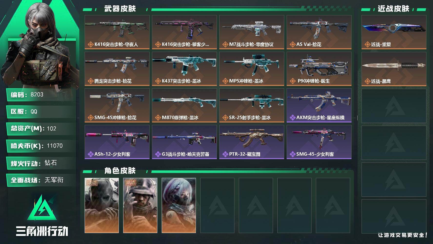三角洲行动账号QQ【8203】102m总资产11070k哈夫币60烽火等级钻石5战场等级无军衔
【干员外观】无名守夜人