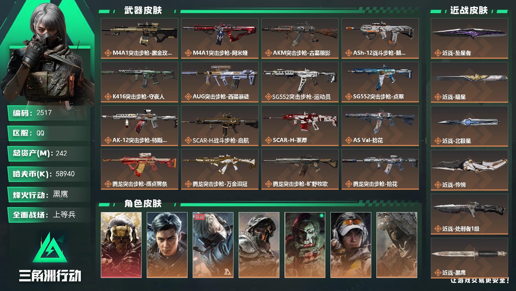 242m总资产-58940k哈夫币-60烽火等级-黑鹰-38战场等级-上等兵
【干员外观】：红狼-蚀金玫瑰，威龙-飞虎，蜂医-送葬人·无题密令，深蓝-不破誓约，红狼-电锯惊魂，露娜-金牌射手，乌鲁鲁-荒原猎手，蛊-不羁人生，银翼-未结卷宗，疾风-西部往事，无名-守夜人，蜂医-医生
【近战皮肤】：近战-坠星者，近战-暗星，近战-北极星，近战-怜悯，近战-处刑者1级，近战-黑鹰
【传说外观】：M4
