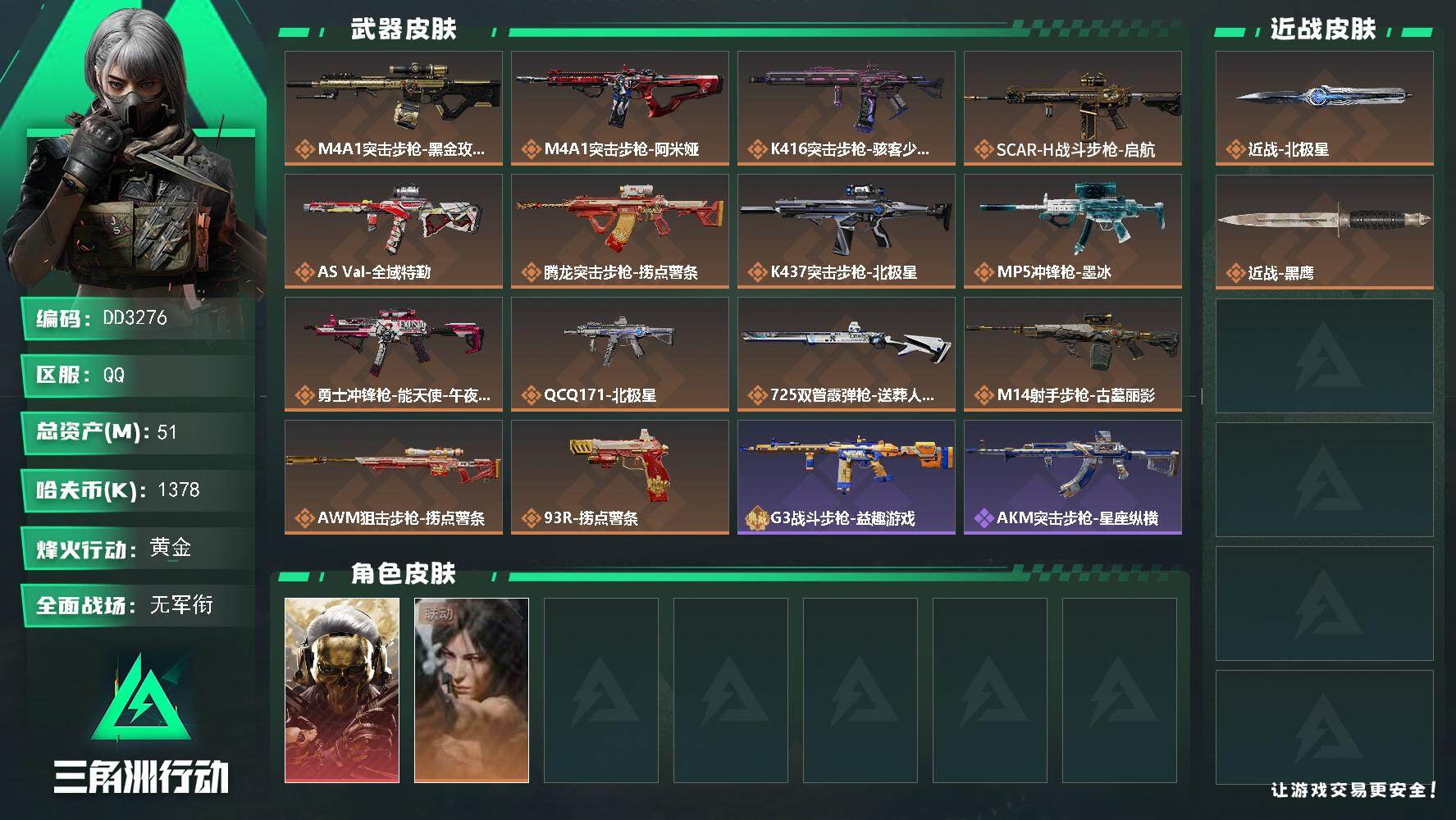 DD3276/可二次/Q区【能二次北极星黑狼极品小号】【总资产:51.6M+近战北极星+红狼蚀金玫瑰+s11赛季2x3】/烽火等级:60级/全面战场：5级/纯币:1378K/三角券加币：676（三角币230+三角券446）【近战-北极星】【红狼-蚀金玫瑰】【露娜-劳拉克劳馥】/部门:11211/特勤等级（技术中心3级/工作台3级/制药台3级/防具台3级/仓库7级/指挥中心3级/训练中心4级/靶场4级/潜水中心2级/收藏室1级）橙色挂饰x3/段位：黄金I（流动资产：32.6M）K437突击步枪-北极星/M14射手步枪-古墓丽影/捞点薯条捆绑包/详情看图zjm