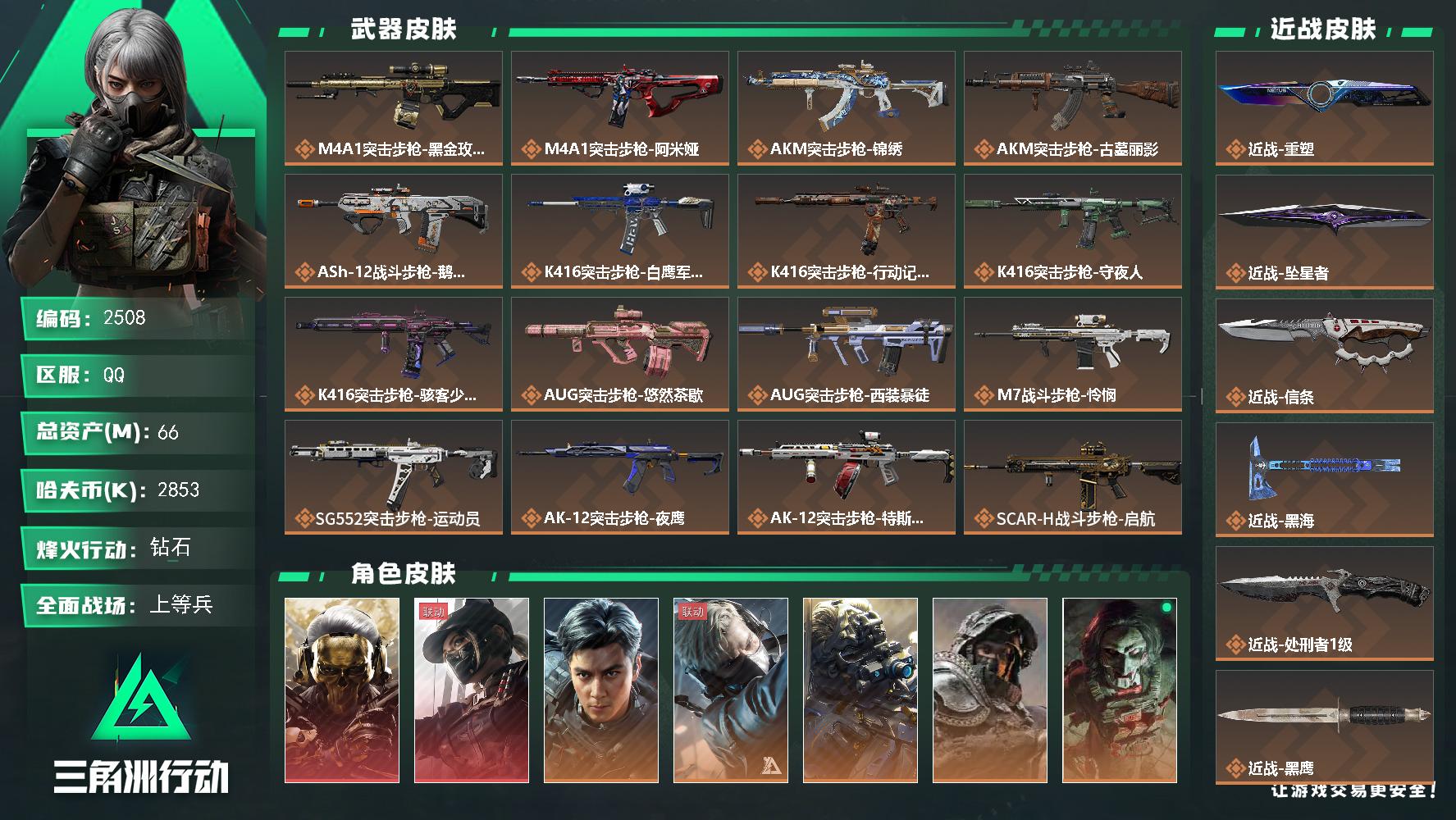 66m总资产-2853k哈夫币-60烽火等级-钻石-50战场等级-上等兵
【干员外观】：红狼-蚀金玫瑰，露娜-黑·天际线，威龙-飞虎，蜂医-送葬人·无题密令，无名-夜鹰，深蓝-不破誓约，红狼-电锯惊魂，露娜-金牌射手，乌鲁鲁-荒原猎手，蛊-不羁人生，银翼-未结卷宗，疾风-西部往事，无名-守夜人，蜂医-医生
【近战皮肤】：近战-重塑，近战-坠星者，近战-信条，近战-黑海，近战-处刑者1级，近战-
