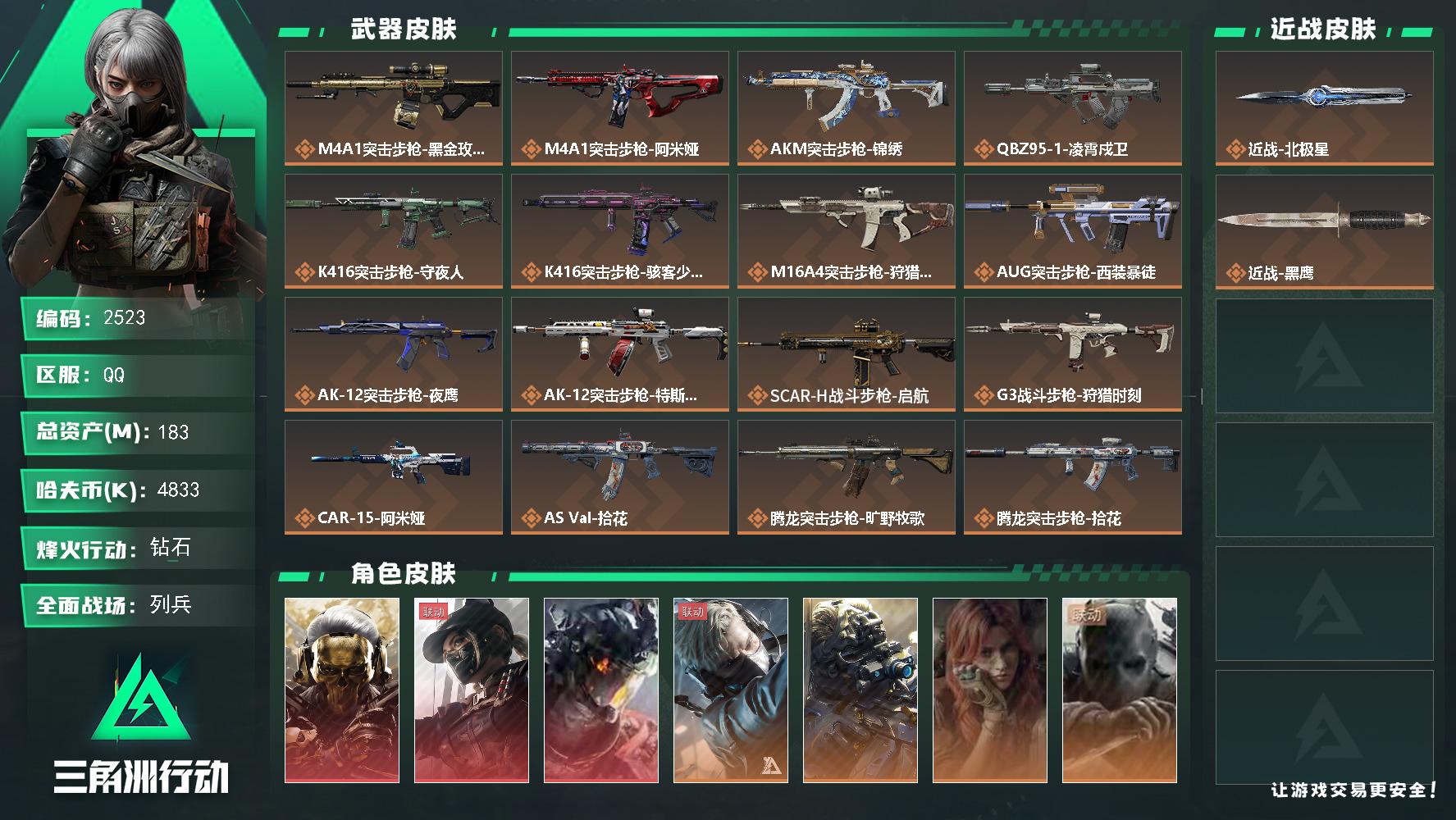 183m总资产-4833k哈夫币-60烽火等级-钻石-14战场等级-列兵
【干员外观】：红狼-蚀金玫瑰，露娜-黑·天际线，威龙-凌霄戍卫，蜂医-送葬人·无题密令，无名-夜鹰，疾风-西部往事，无名-守夜人，深蓝-盾峰，骇爪-骇客少女
【近战皮肤】：近战-北极星，近战-黑鹰
【传说外观】：M4A1突击步枪-蚀金玫瑰，M4A1突击步枪-阿米娅，AKM突击步枪-锦绣，QBZ95-1突击步枪-凌霄戍卫，