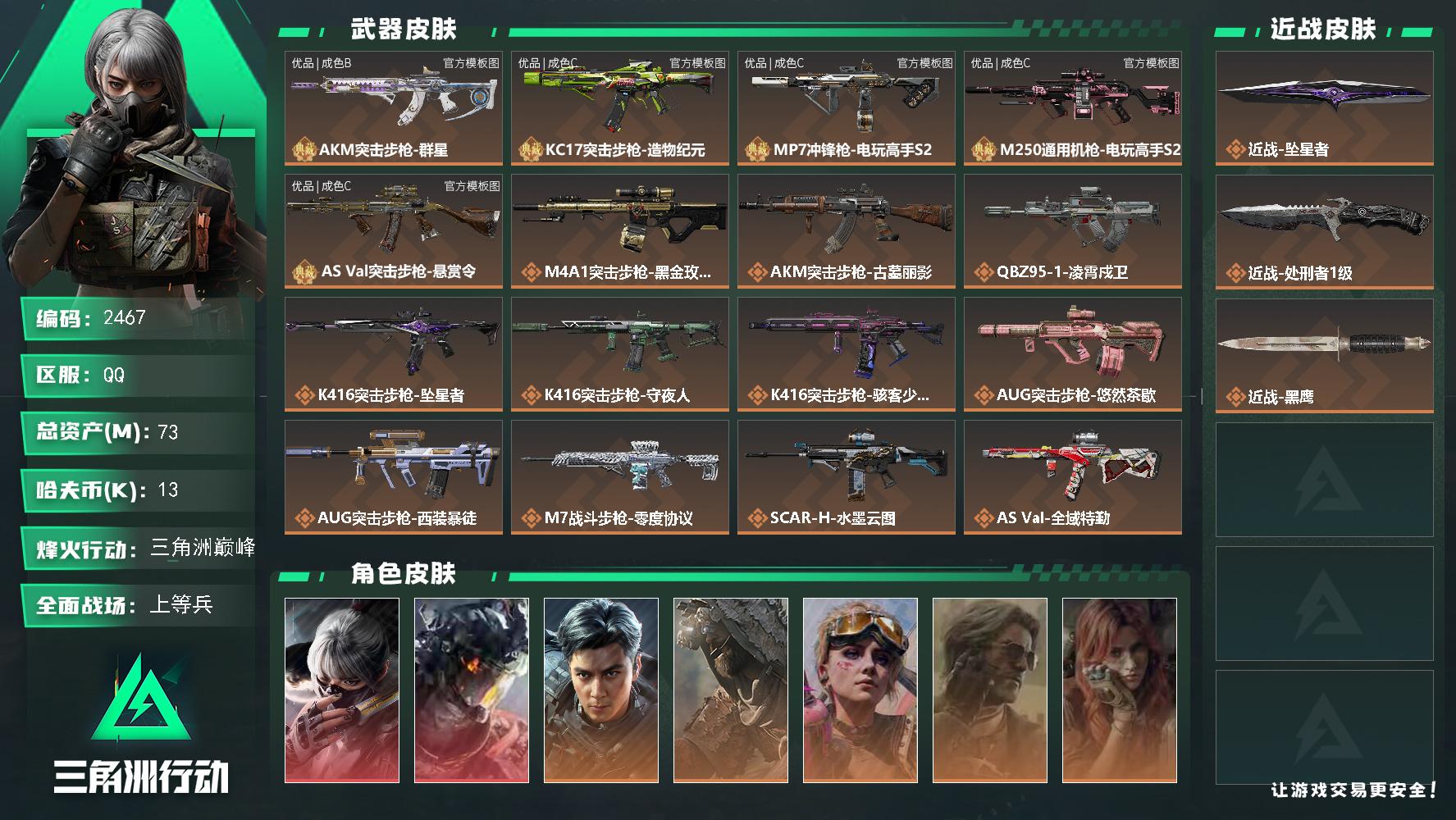 73m总资产-13k哈夫币-60烽火等级-三角洲巅峰-50战场等级-上等兵
【干员外观】：骇爪-水墨云图，威龙-凌霄戍卫，威龙-飞虎，乌鲁鲁-荒原猎手，蛊-不羁人生，银翼-未结卷宗，疾风-西部往事，无名-守夜人，深蓝-盾峰，蜂医-医生，骇爪-骇客少女
【近战皮肤】：近战-坠星者，近战-处刑者1级，近战-黑鹰
【典藏外观】：AKM突击步枪-群星，KC17突击步枪-造物纪元，MP7冲锋枪-电玩高手