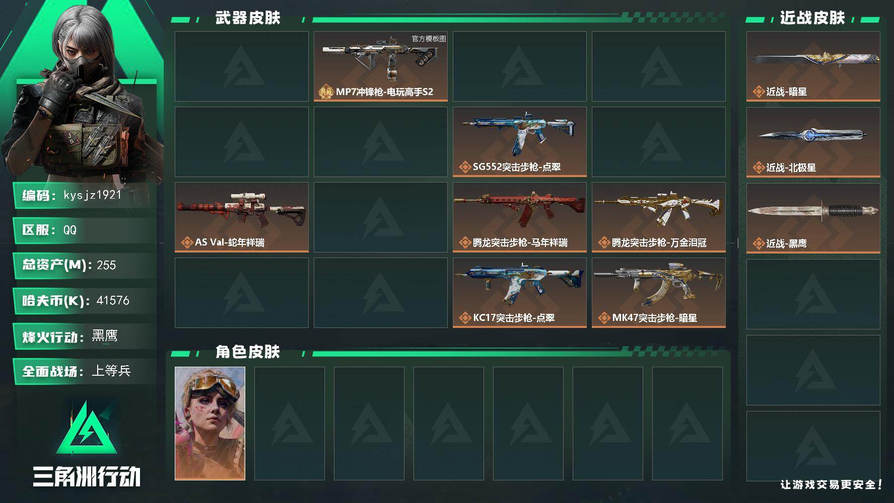 255m总资产-41576k哈夫币-60烽火等级-黑鹰-45战场等级-上等兵
【干员外观】：蛊-不羁人生，露娜-劳拉·克劳馥，疾风-西部往事，无名-守夜人，蜂医-医生
【近战皮肤】：近战-暗星，近战-北极星，近战-黑鹰
【典藏外观】：KC17突击步枪-造物纪元，MP7冲锋枪-电玩高手S2
【典藏外观