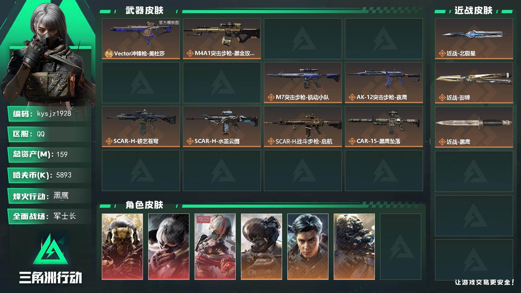 159m总资产-5893k哈夫币-60烽火等级-黑鹰-50战场等级-军士长
【干员外观】：红狼-蚀金玫瑰，骇爪-水墨云图，骇爪-维什戴尔，威龙-壮志凌云，威龙-飞虎，无名-夜鹰，银翼-未结卷宗，疾风-西部往事，无名-守夜人，蜂医-医生
【近战皮肤】：近战-北极星，近战-影锋，近战-黑鹰
【典藏外观】