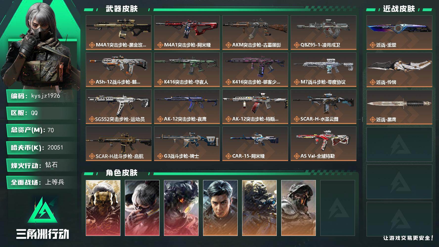 70m总资产-20051k哈夫币-60烽火等级-钻石-26战场等级-上等兵
【干员外观】：红狼-蚀金玫瑰，骇爪-水墨云图，威龙-凌霄戍卫，威龙-飞虎，无名-夜鹰，深蓝-不破誓约，红狼-电锯惊魂，露娜-金牌射手，疾风-西部往事，无名-守夜人，蜂医-医生
【近战皮肤】：近战-重塑，近战-怜悯，近战-黑鹰