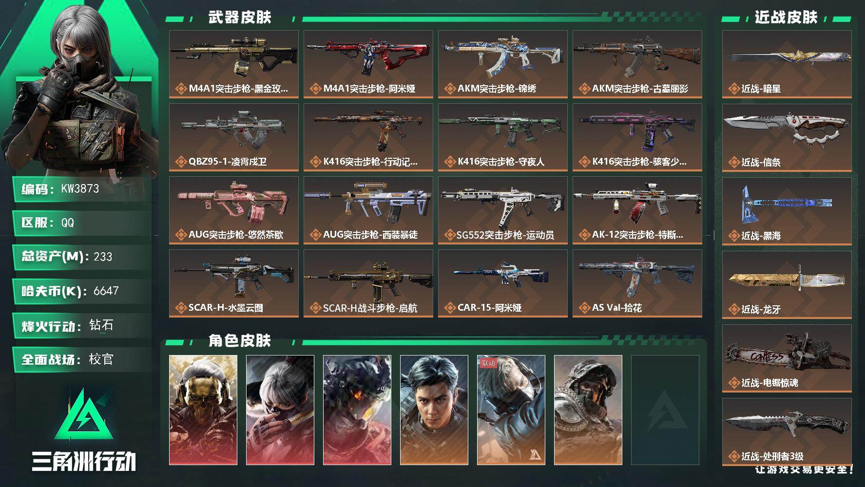233m总资产-6647k哈夫币-60烽火等级-钻石-50战场等级-校官
【干员外观】：红狼-蚀金玫瑰，骇爪-水墨云图，威龙-凌霄戍卫，威龙-飞虎，蜂医-送葬人·无题密令，深蓝-不破誓约，红狼-电锯惊魂，露娜-金牌射手，乌鲁鲁-荒原猎手，蛊-不羁人生，银翼-未结卷宗，露娜-劳拉·克劳馥，疾风-西部往