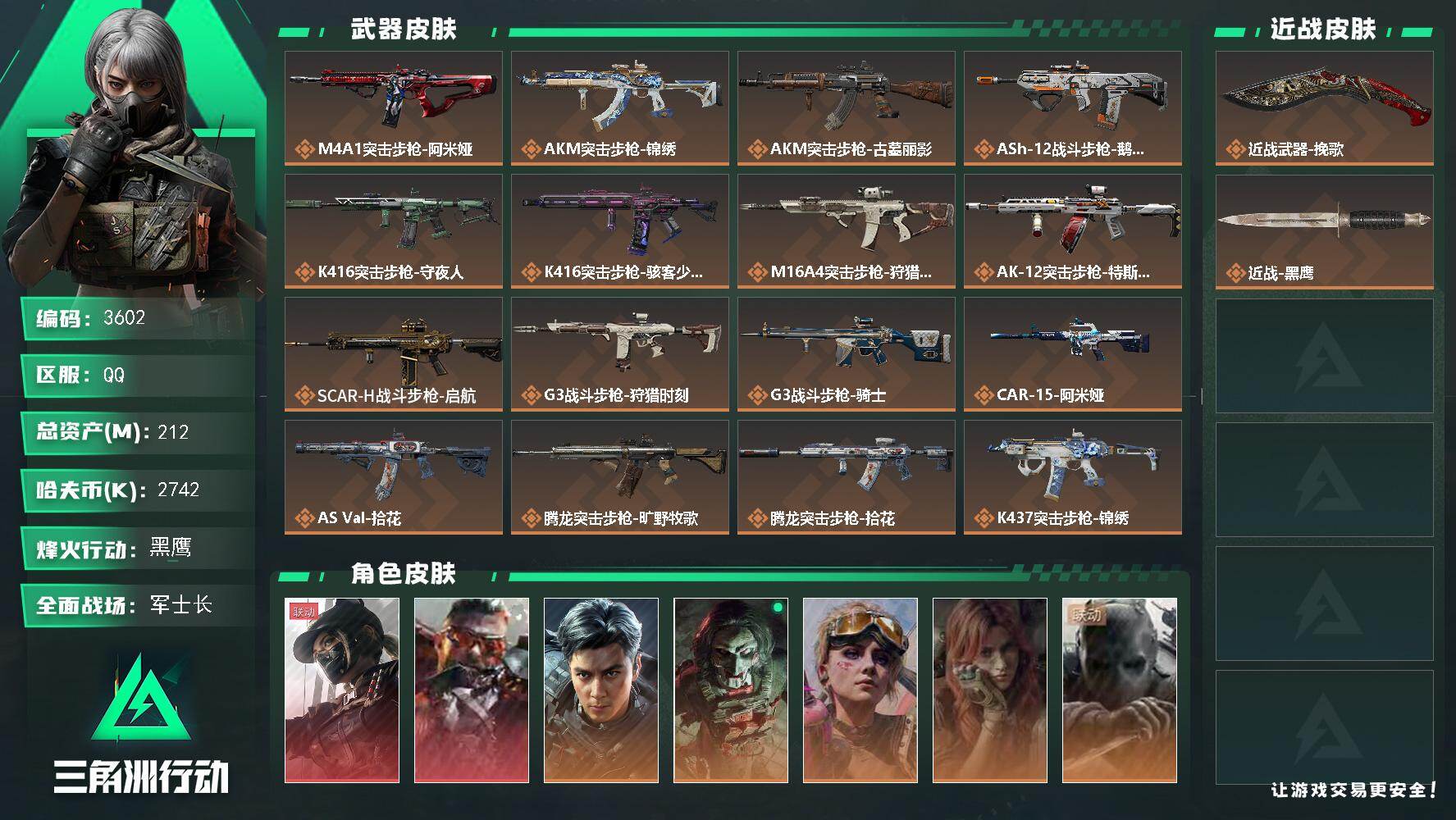 212m总资产-2742k哈夫币-60烽火等级-黑鹰-29战场等级-军士长
【干员外观】：露娜-黑·天际线，乌鲁鲁-狂怒，威龙-飞虎，红狼-电锯惊魂，蛊-不羁人生，疾风-西部往事，无名-守夜人，深蓝-盾峰，蜂医-医生，骇爪-骇客少女
【近战皮肤】：近战-挽歌，近战-黑鹰
【传说外观】：M4A1突击步枪-阿米娅，AKM突击步枪-锦绣，AKM突击步枪-古墓丽影，ASh-12战斗步枪-鹅鸭杀，K41
