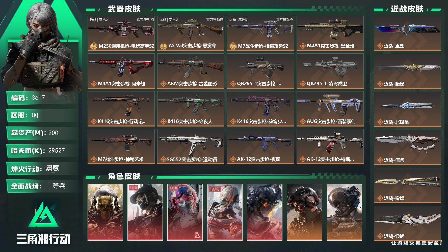 200m总资产-29527k哈夫币-60烽火等级-黑鹰-26战场等级-上等兵
【干员外观】：红狼-蚀金玫瑰，露娜-黑·天际线，蛊-能天使午夜邮差，骇爪-维什戴尔，威龙-凌霄戍卫，威龙-铁面判官，威龙-壮志凌云，威龙-飞虎，蜂医-送葬人·无题密令，无名-夜鹰，深蓝-不破誓约，红狼-电锯惊魂，露娜-金牌射手，乌鲁鲁-荒原猎手，银翼-未结卷宗，露娜-劳拉·克劳馥，疾风-西部往事，无名-守夜人，深蓝-