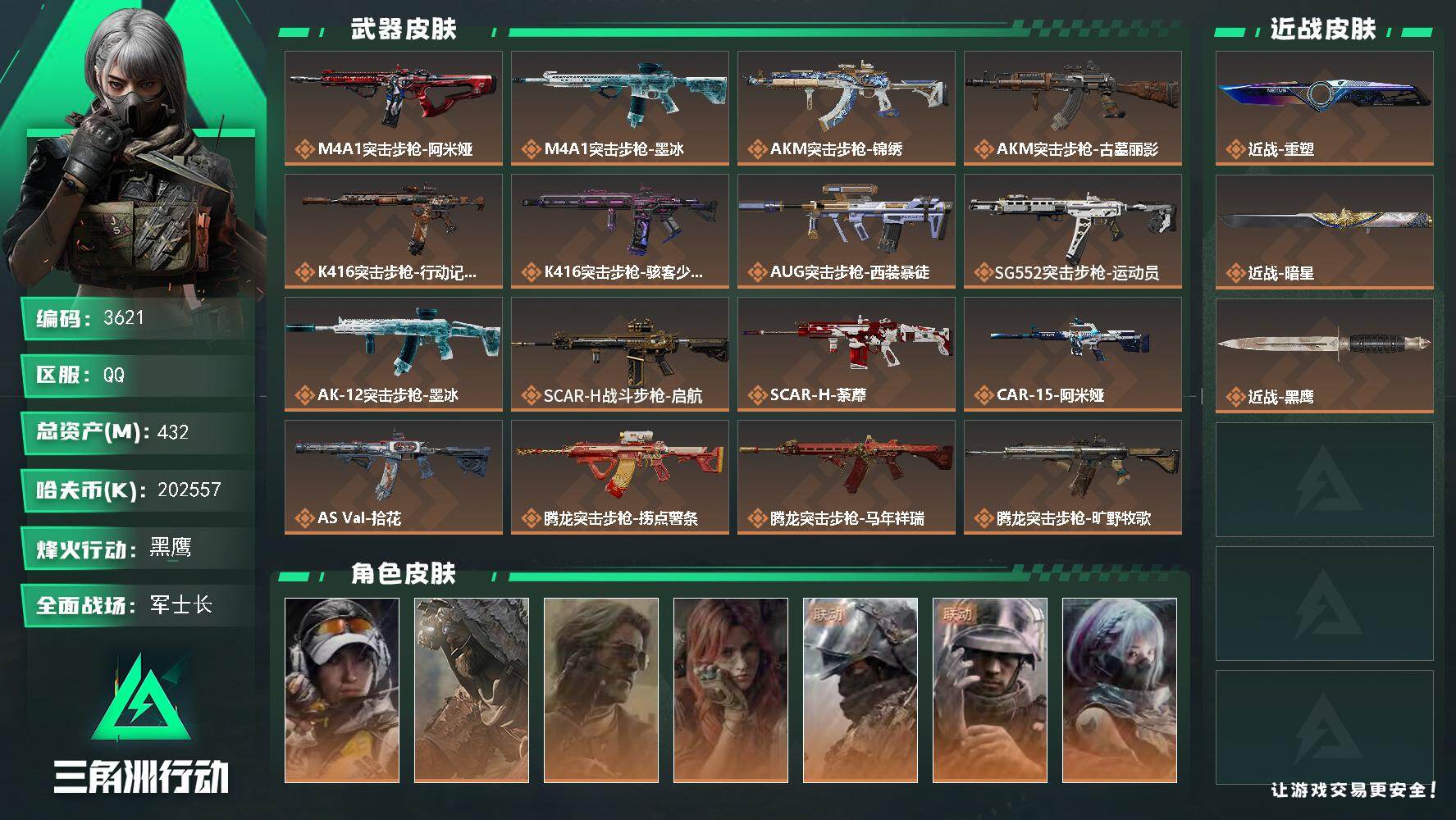 432m总资产-k哈夫币-60烽火等级-黑鹰-37战场等级-军士长
【干员外观】：露娜-金牌射手，乌鲁鲁-荒原猎手，银翼-未结卷宗，疾风-西部往事，深蓝-盾峰，蜂医-医生，骇爪-骇客少女
【近战皮肤】：近战-重塑，近战-暗星，近战-黑鹰
【传说外观】：M4A1突击步枪-阿米娅，M4A1突击步枪-墨冰，AKM突击步枪-锦绣，AKM突击步枪-古墓丽影，K416突击步枪-行动记录，K41