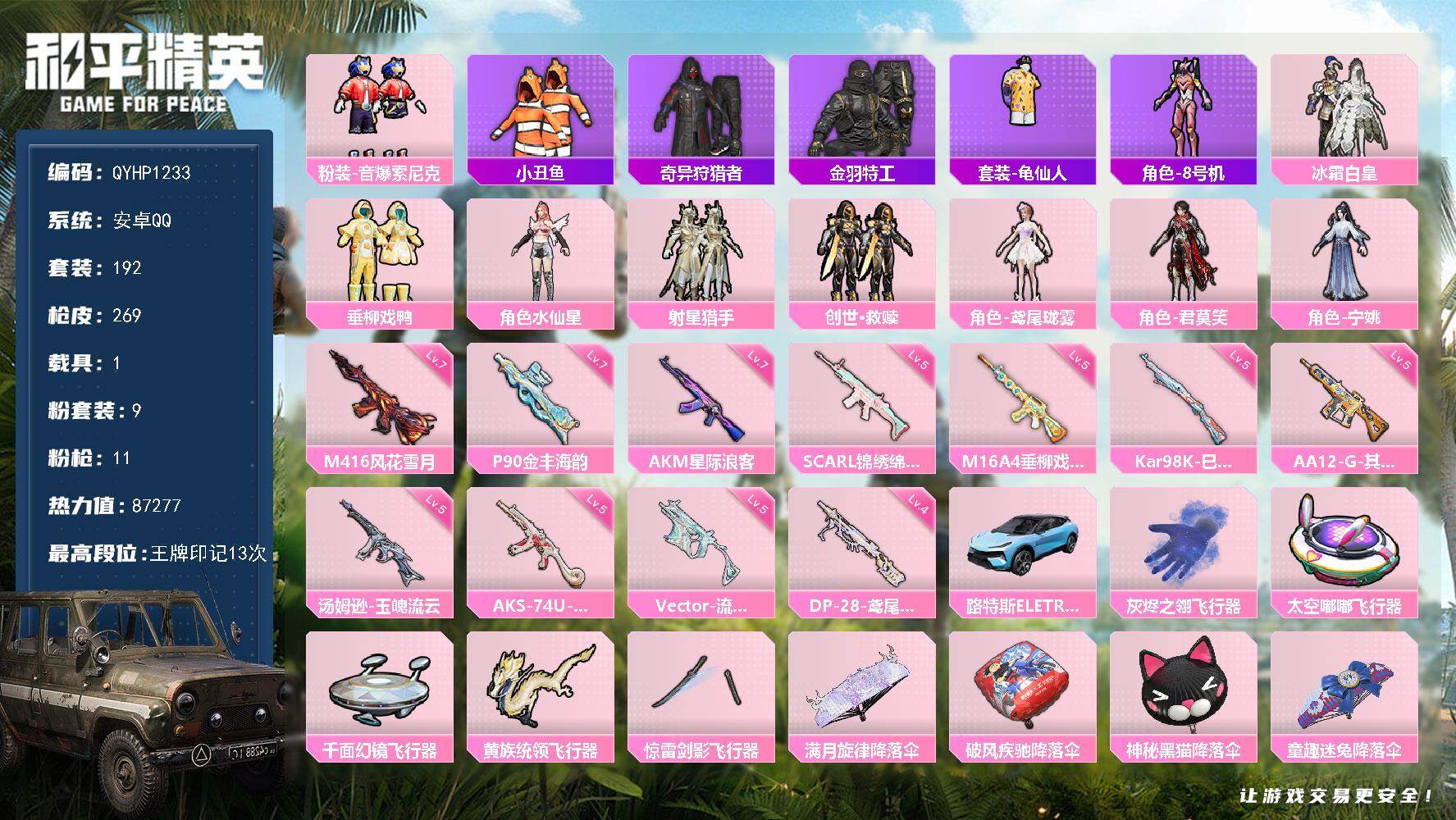 安卓手Q-历史最高段位：超级王牌9星-9粉装-11特效枪-1载具-5粉色飞行器-87277热力值-13王牌印记-192套装-269枪皮
【热门品类】：粉装-音爆索尼克，套装-小丑鱼，套装-奇异狩猎者，套装-金羽特工，套装-龟仙人，角色-8号机
【粉色套装】：粉装-冰霜白皇，粉装-垂柳戏鸭，粉装-音爆索尼克，角色-水仙星，粉装-射星猎手，套装-创世·救赎，角色-鸢尾珑雾，角色-君莫笑，角色-宁姚