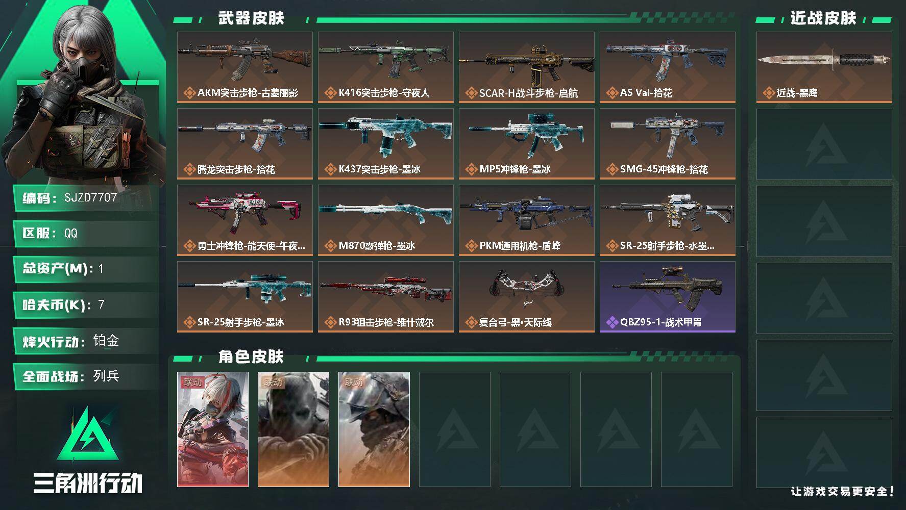 三角洲行动账号QQ【SJZD7707】总资产1M/哈夫币0万/干员外观数3/传说枪皮数15/战场等级11/行动等级60/安全箱等时效性道具以游戏内数据为准，详情请看图/火箭玫瑰/维什戴尔/蚀金玫瑰/黑/凌霄戍卫/崩岩
