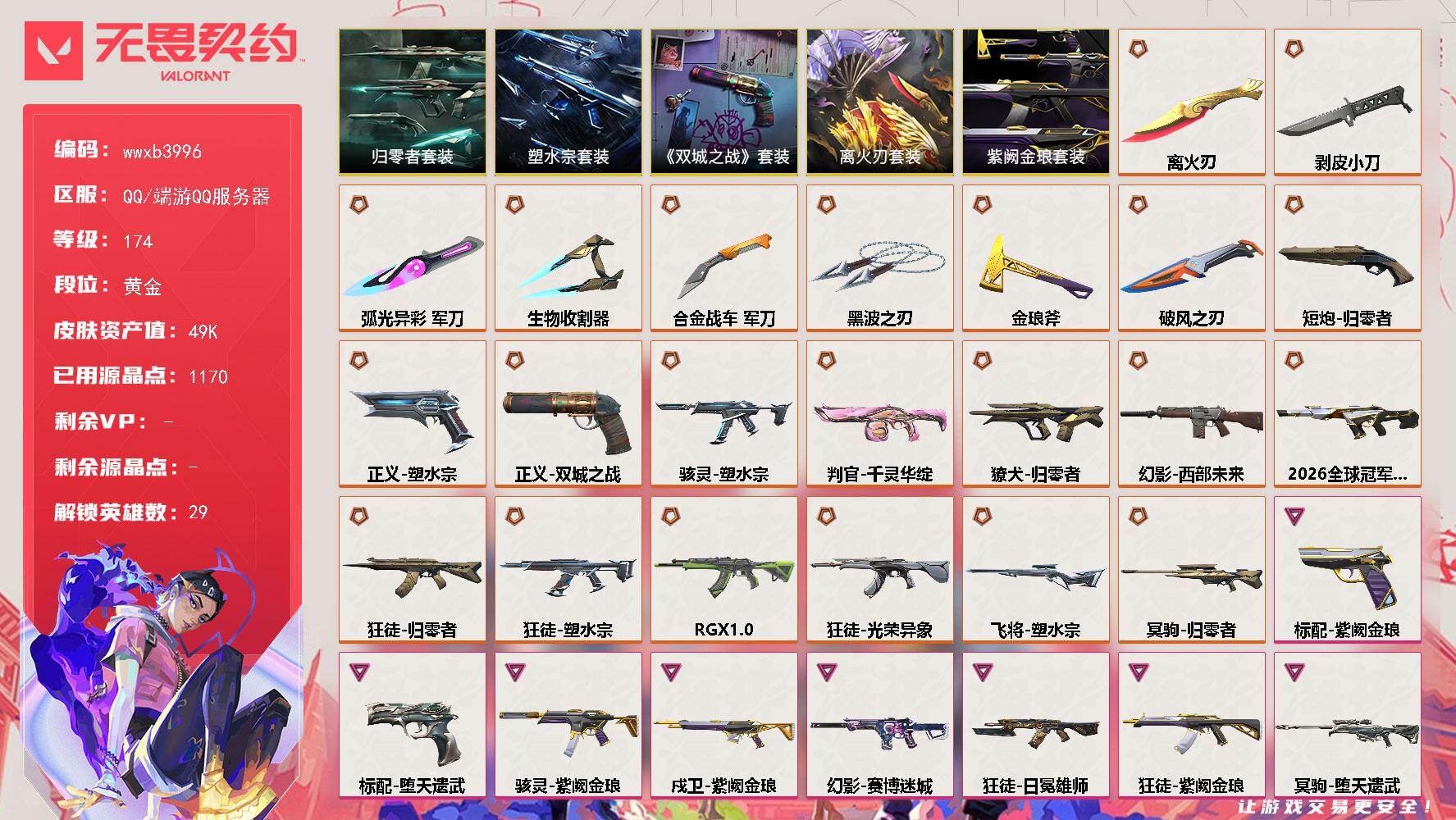 【wwxb3996】LV等级174/皮肤总价值49870/段位黄金/总皮肤数量86/刀皮数量8/枪皮数量78/套装数量5/具体详情请看图/追猎-掠影//3.0/追猎-灵魂迸发/蜂刺-合金战车/蜂刺-弧光异彩/蜂刺-破风者/蜂刺-失速落日/幻棱/炼狱/维斯/暮蝶/钛狐/壹决/铁臂/捷风/雷兹/幽影/不死鸟/贤者/猎枭/蝰蛇/零/芮娜/奇乐/尚勃勒/霓虹/斯凯/夜露/星礈/K/O/海神/盖可/黑梦