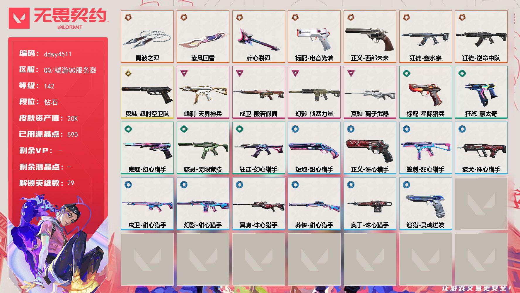 【ddwy4511】LV等级142/皮肤总价值20670/段位钻石/总皮肤数量28/刀皮数量3/枪皮数量25/具体详情请看图/追猎-灵魂迸发/蜂刺-天界神兵/蜂刺-甜心猎手/幻棱/炼狱/维斯/暮蝶/钛狐/壹决/铁臂/捷风/雷兹/幽影/不死鸟/贤者/猎枭/蝰蛇/零/芮娜/奇乐/尚勃勒/霓虹/斯凯/夜露/星礈/K/O/海神/盖可/黑梦/钢锁/禁灭/迷核/骇灵-无限竞技/獠犬-诛心猎手/幻影-侦察力