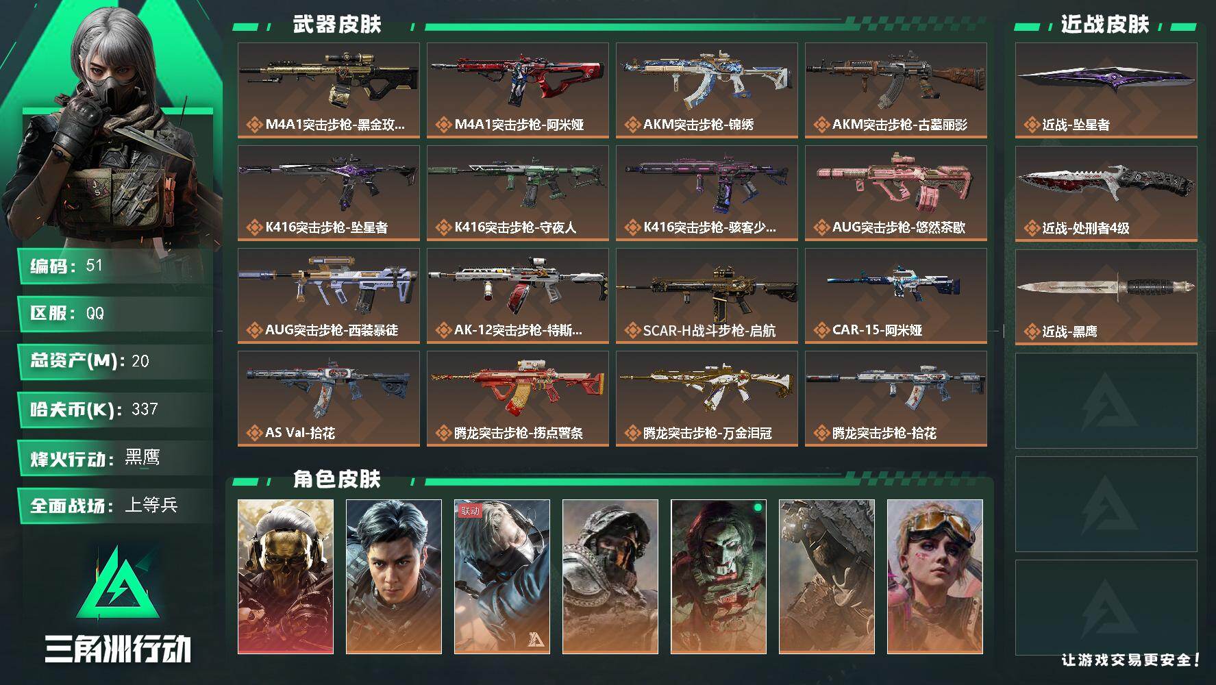 三角洲行动账号QQ20m总资产-337k哈夫币-60烽火等级-黑鹰-49战场等级-上等兵
【干员外观】：红狼-蚀金玫瑰