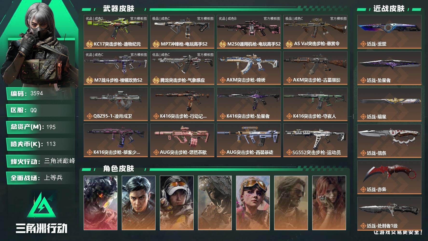 195m总资产-113k哈夫币-60烽火等级-三角洲巅峰-27战场等级-上等兵
【干员外观】：威龙-凌霄戍卫，威龙-飞虎，露娜-金牌射手，乌鲁鲁-荒原猎手，蛊-不羁人生，银翼-未结卷宗，疾风-西部往事，无名-守夜人，蜂医-医生，骇爪-骇客少女
【近战皮肤】：近战-重塑，近战-坠星者，近战-暗星，近战-信条，近战-赤枭，近战-处刑者1级，近战-黑鹰
【典藏外观】：KC17突击步枪-造物纪元，MP
