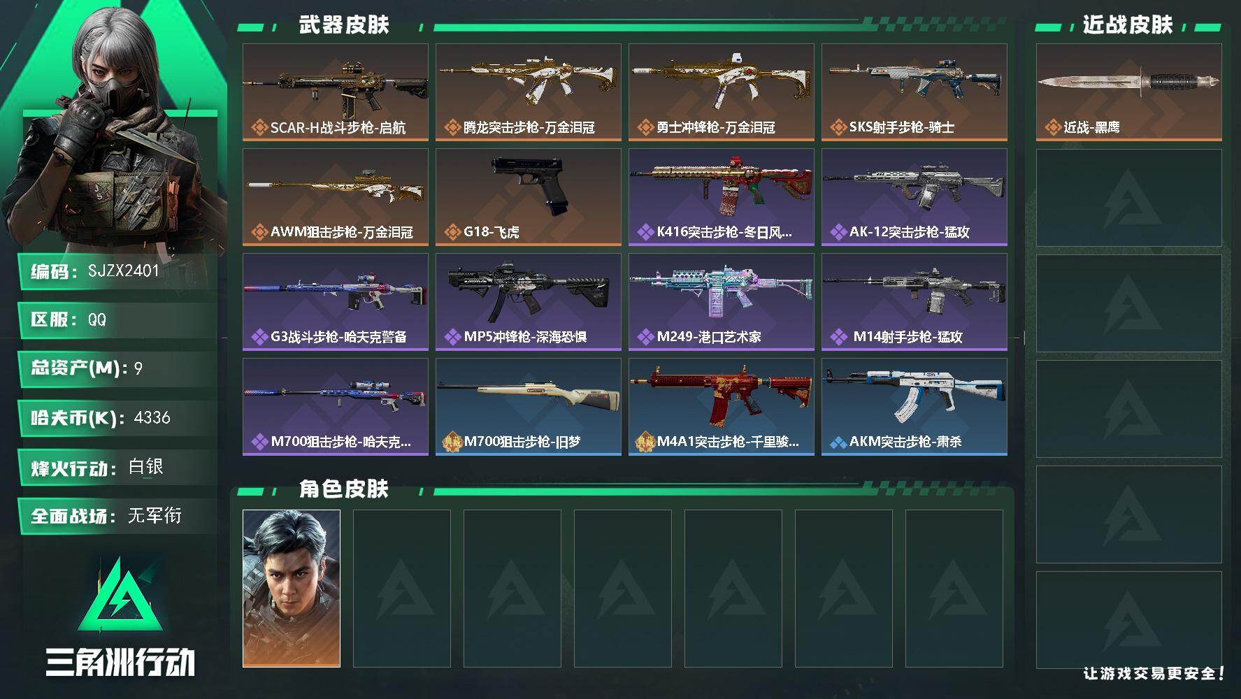三角洲行动账号QQ【SJZX2401】总资产9M/哈夫币433万/干员外观数1/传说枪皮数6/战场等级1/行动等级40/安全箱等时效性道具以游戏内数据为准，详情请看图/窃风密探/狻猊/福禄/聚宝盆/审判/挂饰-洲小礼