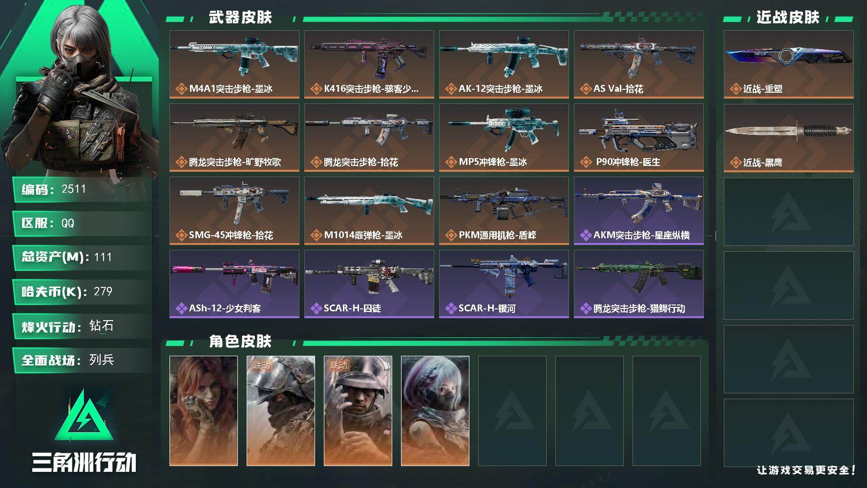 111m总资产-279k哈夫币-60烽火等级-钻石-13战场等级-列兵
【干员外观】：疾风-西部往事，深蓝-盾峰，蜂医-医生，骇爪-骇客少女
【近战皮肤】：近战-重塑，近战-黑鹰
【传说外观】：M4A1突击步枪-墨冰，K416突击步枪-骇客少女，AK-12突击步枪-墨冰，AS Val突击步枪-拾花，腾龙突击步枪-旷野牧歌，腾龙突击步枪-拾花，MP5冲锋枪-墨冰，P90冲锋枪-医生，SMG-45
