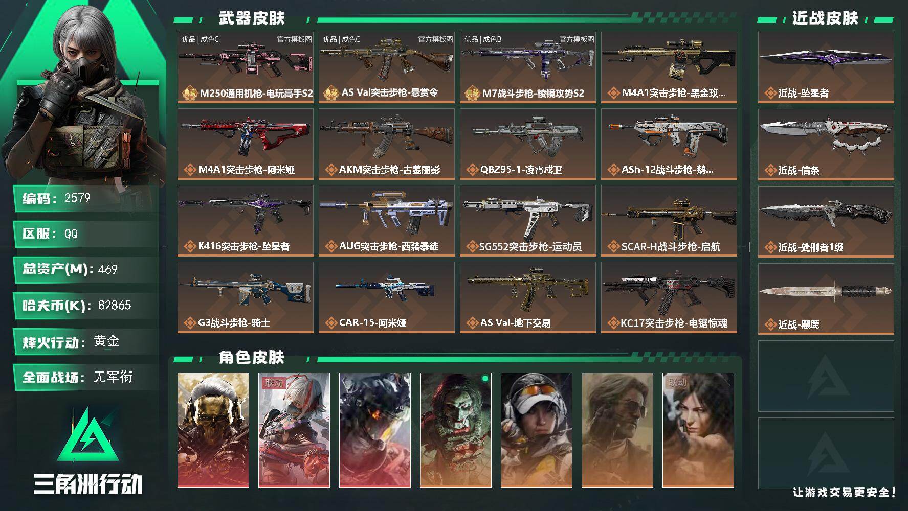 469m总资产-82865k哈夫币-60烽火等级-黄金-1战场等级-无军衔
【干员外观】：红狼-蚀金玫瑰，骇爪-维什戴尔，威龙-凌霄戍卫，红狼-电锯惊魂，露娜-金牌射手，银翼-未结卷宗，露娜-劳拉·克劳馥
【近战皮肤】：近战-坠星者，近战-信条，近战-处刑者1级，近战-黑鹰
【典藏外观】：M250通用机枪-电玩高手S2，AS Val突击步枪-悬赏令，M7战斗步枪-棱镜攻势S2
【典藏外观成色】