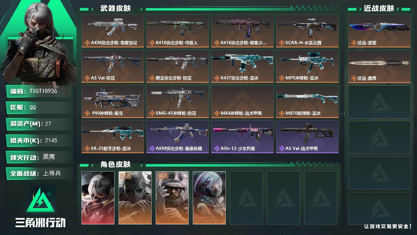 【TXGTI8936】27m总资产-2145k哈夫币-60烽火等级-黑鹰-20战场等级-上等兵
【干员外观】：骇爪-水墨云图，无名-守夜人，蜂医-医生，骇爪-骇客少女
【近战皮肤】：近战-重塑，近战-黑鹰
【传说外观】：AKM突击步枪-零度协议，K416突击步枪-守夜人，K416突击步枪-骇客少女，SCAR-H战斗步枪-水墨云图，AS Val突击步枪-拾花，腾龙突击步枪-拾花，K437突击步枪