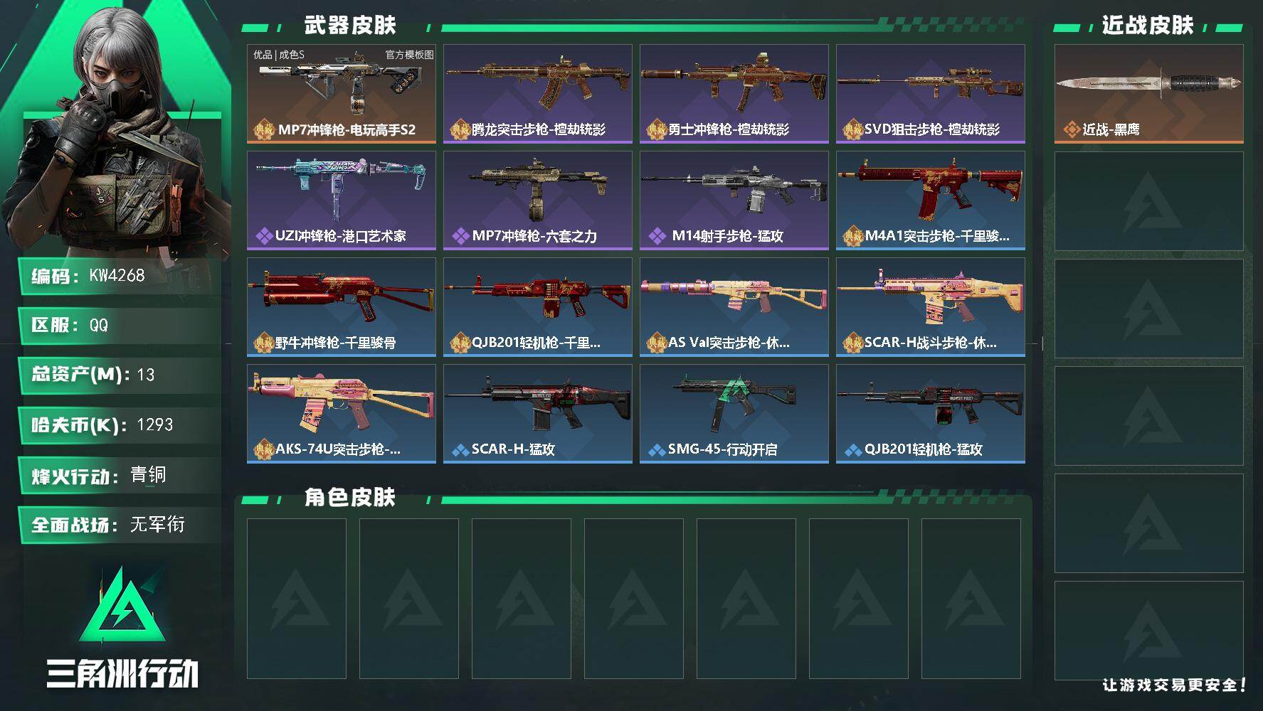 三角洲行动账号QQ【KW4268】总资产13M/哈夫币129万/典藏外观数1/传说枪皮数1/战场等级5/行动等级40/安全箱等时效性道具以游戏内数据为准，详情请看图/福禄/聚宝盆/隐者/挂饰-麻将/挂饰-星象仪/挂饰