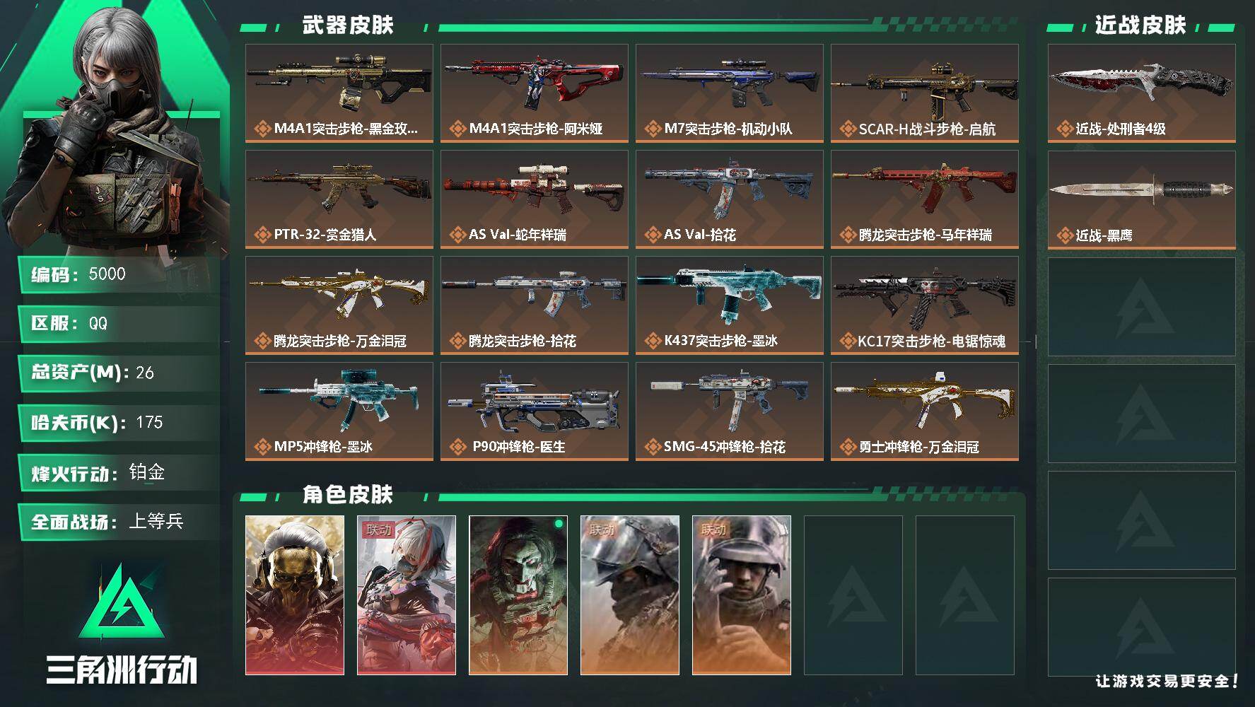 三角洲行动账号QQ【5000】总资产26M/哈夫币17万/传说近战数1/干员外观数5/传说枪皮数27/战场等级18/行