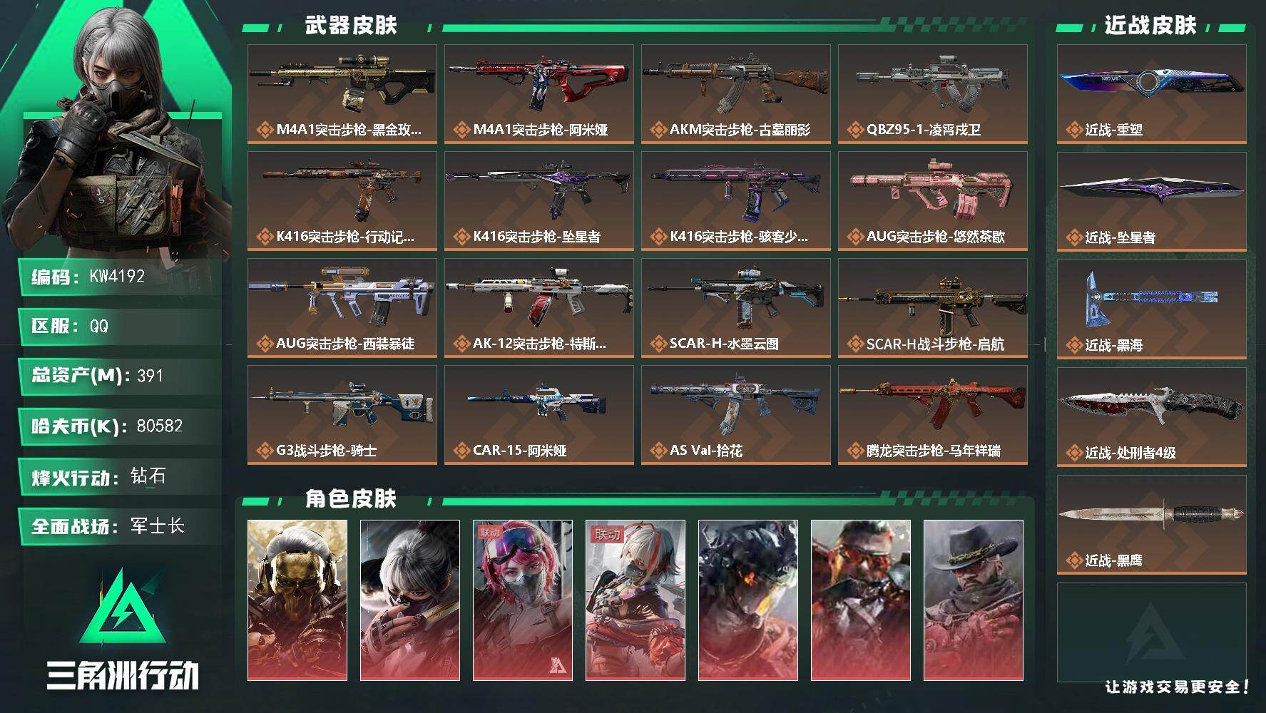 391m总资产-80582k哈夫币-60烽火等级-钻石-50战场等级-军士长
【干员外观】：红狼-蚀金玫瑰，骇爪-水墨云图，蛊-能天使午夜邮差，骇爪-维什戴尔，威龙-凌霄戍卫，乌鲁鲁-狂怒，牧羊人-安魂，威龙-飞虎，红狼-电锯惊魂，乌鲁鲁-荒原猎手，蛊-不羁人生，银翼-未结卷宗，疾风-西部往事，深蓝