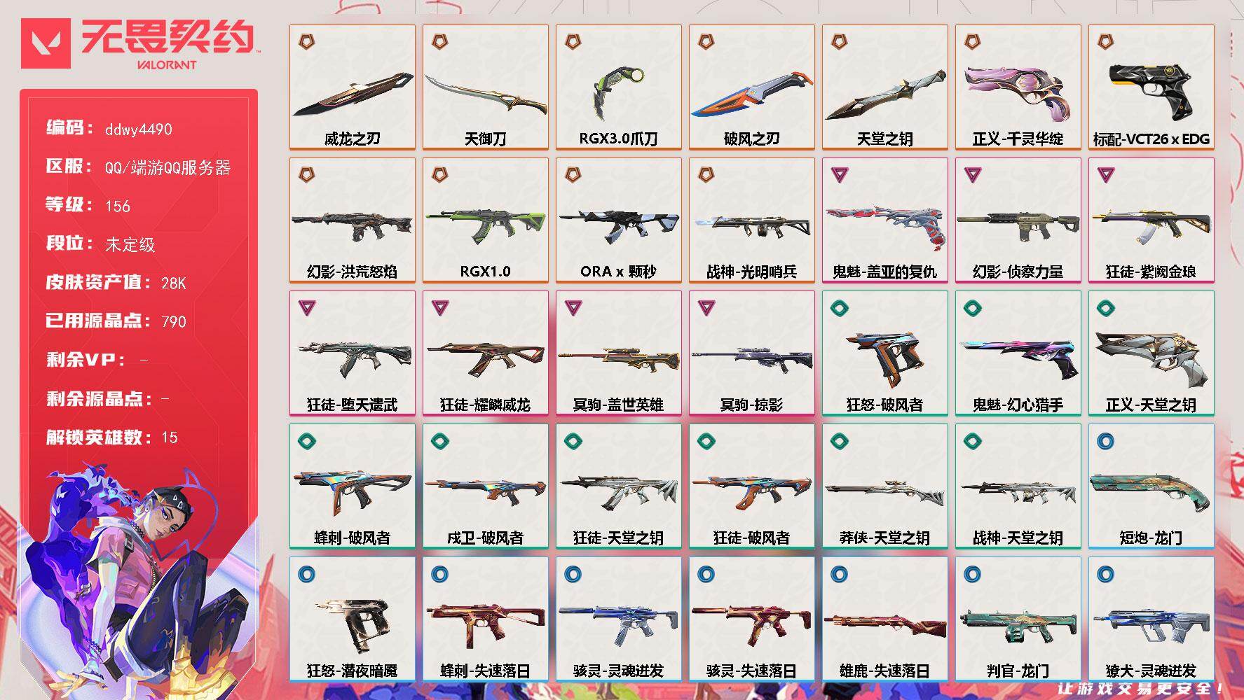 【ddwy4490】LV等级156/皮肤总价值28310/段位未定级/总皮肤数量68/刀皮数量5/枪皮数量63/具体详情请看图/追猎-失速落日/追猎-灵魂迸发/蜂刺-破风者/蜂刺-失速落日/幻棱/炼狱/暮蝶/捷风/不死鸟/贤者/猎枭/零/芮娜/尚勃勒/霓虹/夜露/K/O/禁灭/迷核/雄鹿-失速落日/骇灵-灵魂迸发/骇灵-失速落日/獠犬-灵魂迸发/判官-龙门/幻影-洪荒怒焰/幻影-侦察力量/幻影