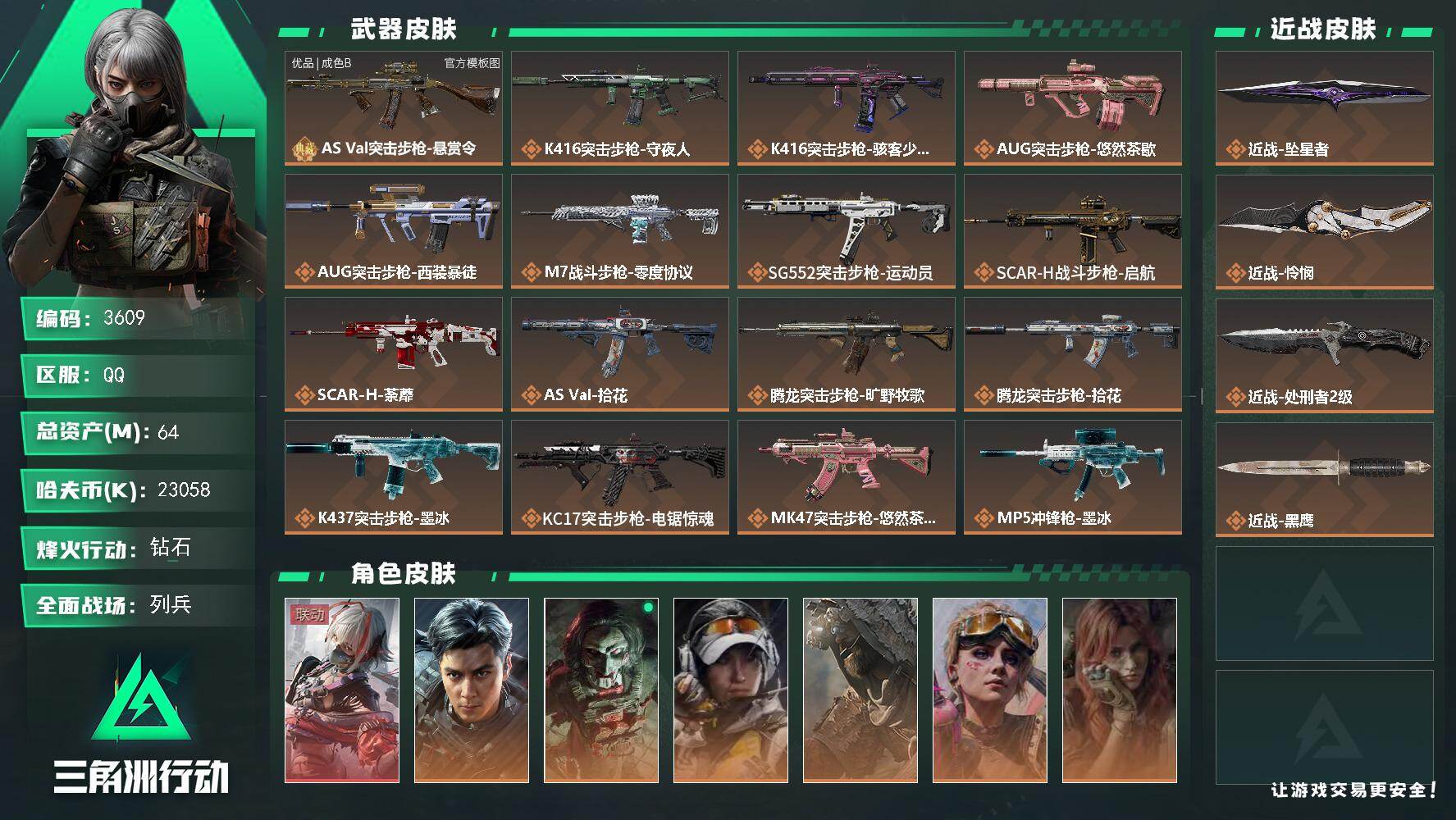 64m总资产-23058k哈夫币-60烽火等级-钻石-28战场等级-列兵
【干员外观】：骇爪-维什戴尔，威龙-飞虎，红狼-电锯惊魂，露娜-金牌射手，乌鲁鲁-荒原猎手，蛊-不羁人生，疾风-西部往事，无名-守夜人，深蓝-盾峰，骇爪-骇客少女
【近战皮肤】：近战-坠星者，近战-怜悯，近战-处刑者2级，近战-黑鹰
【典藏外观】：AS Val突击步枪-悬赏令
【典藏外观成色】：AS Val突击步枪-悬赏