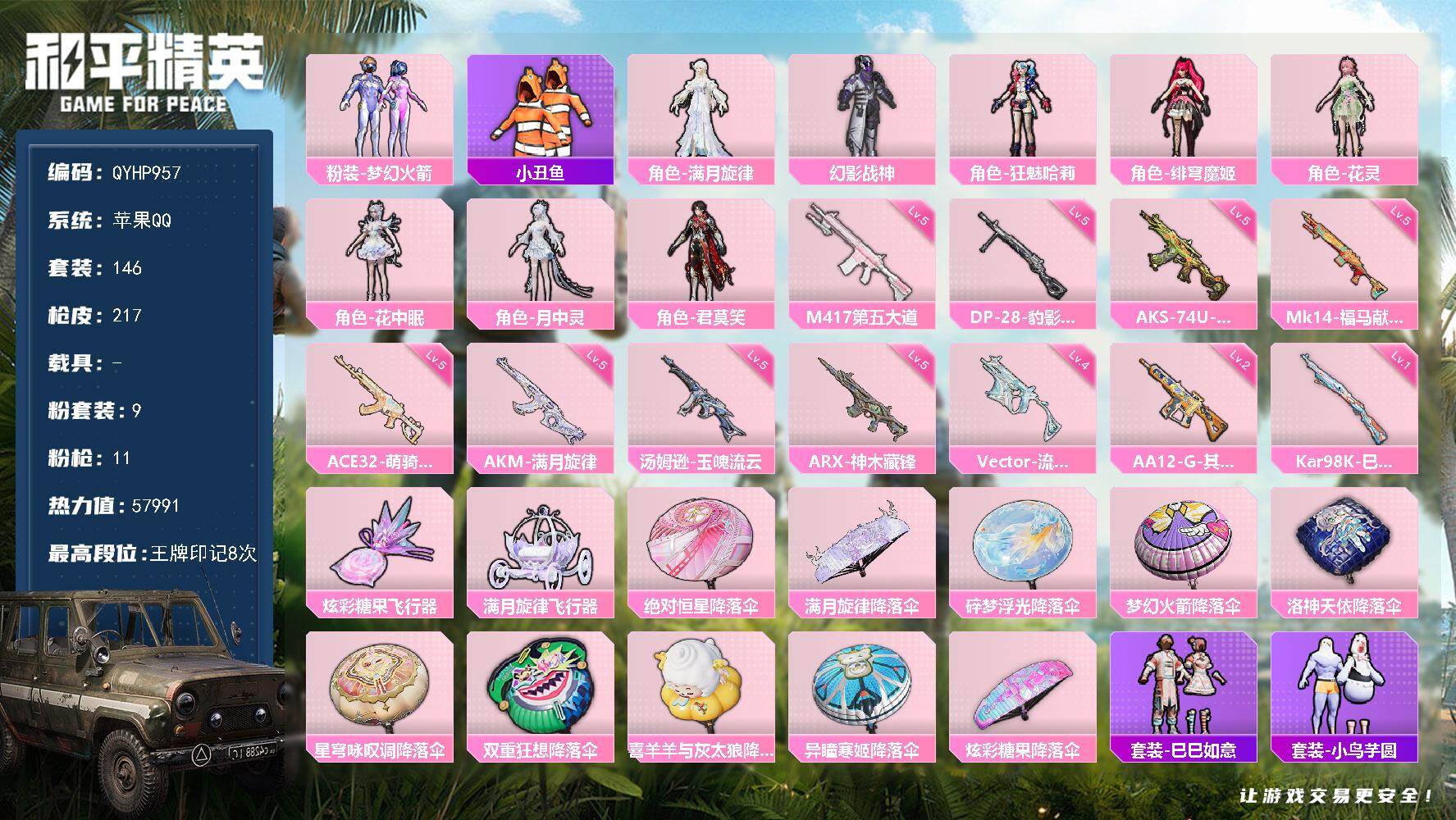 苹果手Q-历史最高段位：超级王牌13星-9粉装-11特效枪-2粉色飞行器-57991热力值-8王牌印记-146套装-217枪皮
【热门品类】：粉装-梦幻火箭，套装-小丑鱼
【粉色套装】：角色-满月旋律，粉装-幻影战神，粉装-梦幻火箭，角色-狂魅哈莉，角色-绯穹魔姬，角色-花灵，角色-花中眠，角色-月中灵，角色-君莫笑
【粉色枪皮等级】：AKM-满月旋律(五级)，ACE32-萌骑漫游(五级)，A