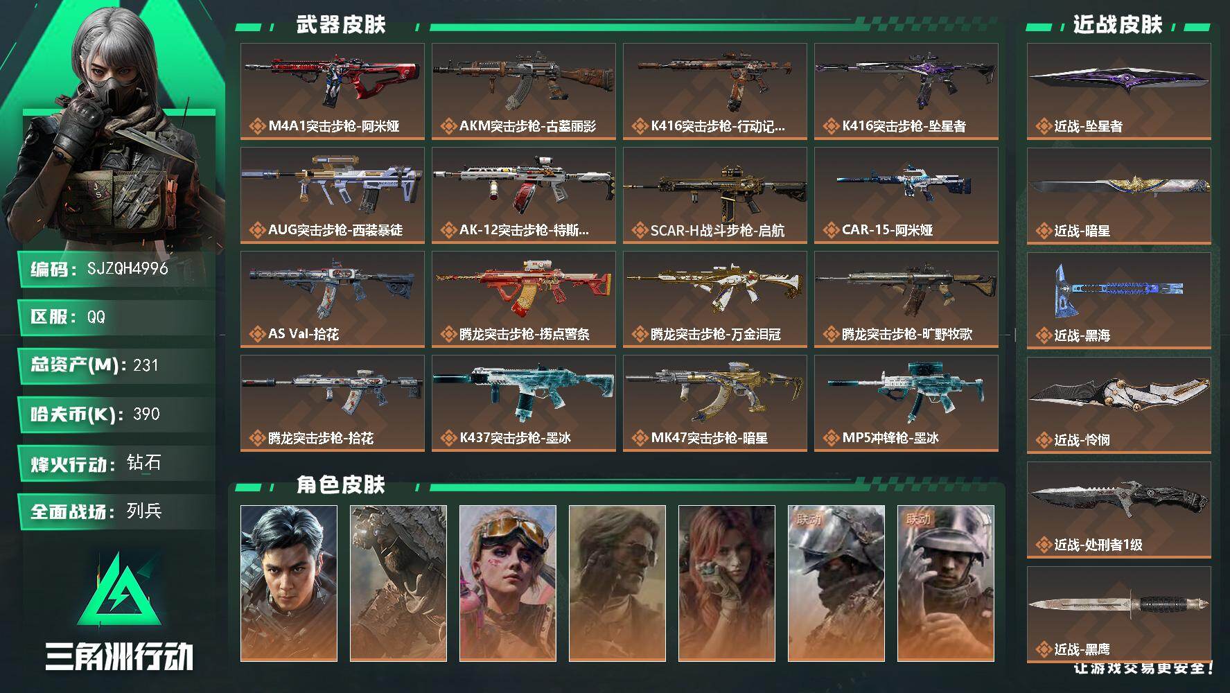 三角洲行动账号QQ231m总资产390k哈夫币60烽火等级钻石19战场等级列兵
【干员外观】威龙飞虎乌鲁鲁荒原猎手蛊不