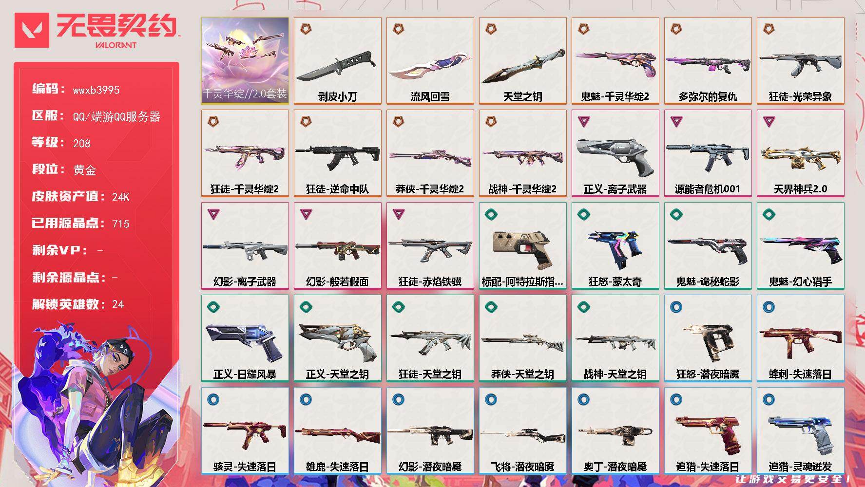 【wwxb3995】LV等级208/皮肤总价值24630/段位黄金/总皮肤数量36/刀皮数量3/枪皮数量33/套装数量1/具体详情请看图/追猎-失速落日/追猎-灵魂迸发/蜂刺-失速落日/幻棱/炼狱/暮蝶/钛狐/壹决/铁臂/捷风/幽影/不死鸟/贤者/猎枭/蝰蛇/零/芮娜/奇乐/尚勃勒/霓虹/斯凯/K/O/盖可/黑梦/钢锁/禁灭/迷核/雄鹿-失速落日/骇灵-源能者危机001/骇灵-失速落日/判官-