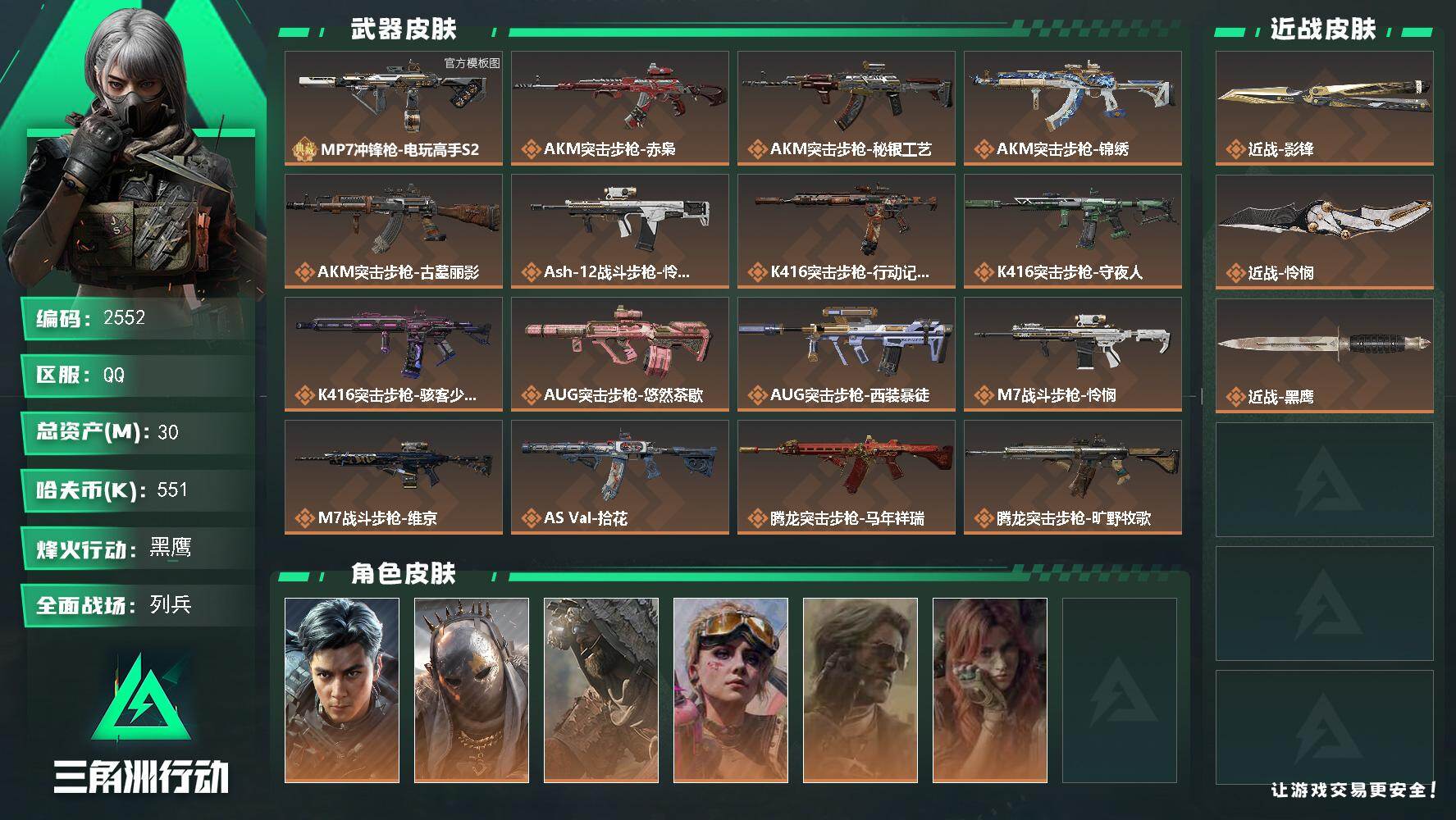 30m总资产-551k哈夫币-60烽火等级-黑鹰-22战场等级-列兵
【干员外观】：威龙-飞虎，牧羊人-街头之王，乌鲁鲁-荒原猎手，蛊-不羁人生，银翼-未结卷宗，疾风-西部往事，无名-守夜人，蜂医-医生
【近战皮肤】：近战-影锋，近战-怜悯，近战-黑鹰
【典藏外观】：MP7冲锋枪-电玩高手S2
【典藏外观成色】：MP7冲锋枪-电玩高手S2(优品B)
【传说外观】：AKM突击步枪-赤枭，AKM突
