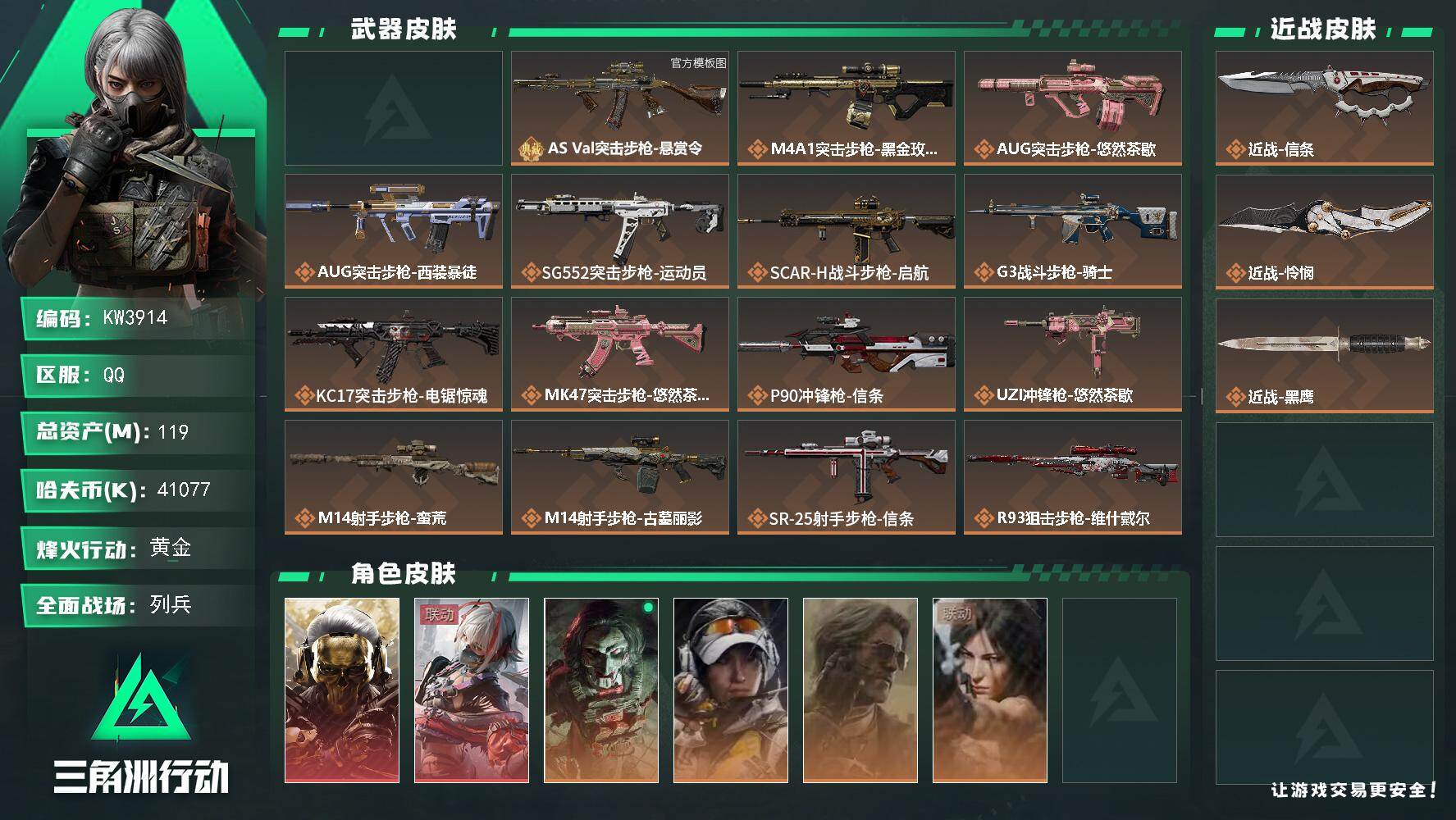 【aw47发 89流动 22刀砖皮】119m总资产-41077k哈夫币-60烽火等级-黄金-42战场等级-列兵
【干员外观】：红狼-蚀金玫瑰，骇爪-维什戴尔，红狼-电锯惊魂，露娜-金牌射手，银翼-未结卷宗，露娜-劳拉·克劳馥
【近战皮肤】：近战-信条，近战-怜悯，近战-黑鹰
【典藏外观】：AKM突