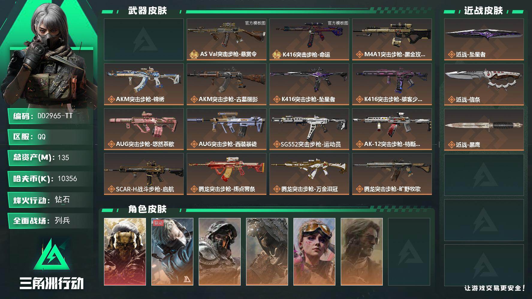 DD2965-TT/Q区【3典藏双刀单红赛季六格精品皮肤号】【总资产:136M+巨浪（优品B）+KC17（优品A）+K416（优品B）+近战信条+近战坠星者+海洋之泪+S11赛季3X2+仓库7+体力负重6+守信不渝】/烽火等级:60级/全面战场：14级/纯币:10356K/三角券加币：230（三角币30+三角券200）【优品B-AS Val突击步枪-悬赏令/优品A-KC17突击步枪-造物纪元/优品B-K416突击步枪-命运】【近战-信条/近战-坠星者】【红狼-蚀金玫瑰】乌鲁鲁-荒原猎手/蛊-不羁人生/蜂医-送葬人无题密令/深蓝-不破誓约/银翼-未结卷宗/部门:22322/特勤等级（技术中心3级/工作台3级/制药台3级/防具台3级/仓库7级/指挥中心5级/训练中心6级/靶场6级/潜水中心2级/收藏室1级）AKM突击步枪-古墓丽影/K416突击步枪-坠星者 /M4A1突击步枪-蚀金玫瑰/AUG突击步枪-西装暴徒/P90冲锋枪-信条/腾龙突击步枪-狂野牧歌/橙色挂饰x8/段位：钻石（流动资产：107.4M）详情看图lhy
