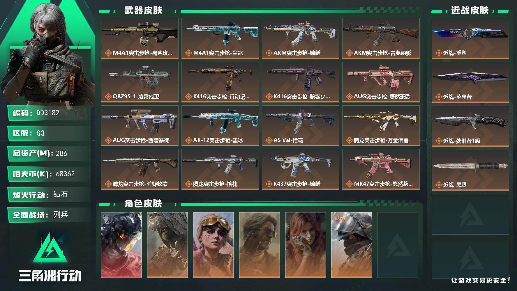 DD3182//Q区【0封】【3刀威龙凌霄戍卫2.8亿资产赛季3x3非洲之心黄金鸟窝天才少年徽章高爆号】【总资产:286.5M+68发AWM子弹+近战重塑+近战坠星者+近战处刑者+威龙凌霄戍卫+S11赛季3x3】/烽火等级:60级/全面战场：24级/纯币:68362K/三角券加币：4（三角券4）【近战-重塑/近战-坠星者/近战-处刑者】【威龙-凌霄戍卫】银翼-未结卷宗/骇爪-骇客少女/疾风-西部往事/蛊-不羁人生/蜂医-医生/深蓝-不破誓约/深蓝-盾峰/乌鲁鲁-荒原猎手/部门:22422/特勤等级（技术中心3级/工作台3级/制药台3级/防具台3级/仓库8级/指挥中心4级/训练中心6级/靶场6级/潜水中心1级/收藏1级/洗消舱1级）墨冰捆绑包/K416突击步枪-骇客少女/AKM突击步枪-古墓丽影/是换捆绑包/橙色挂饰x6/段位：钻石II（流动资产：251.4M）详情看图syg
