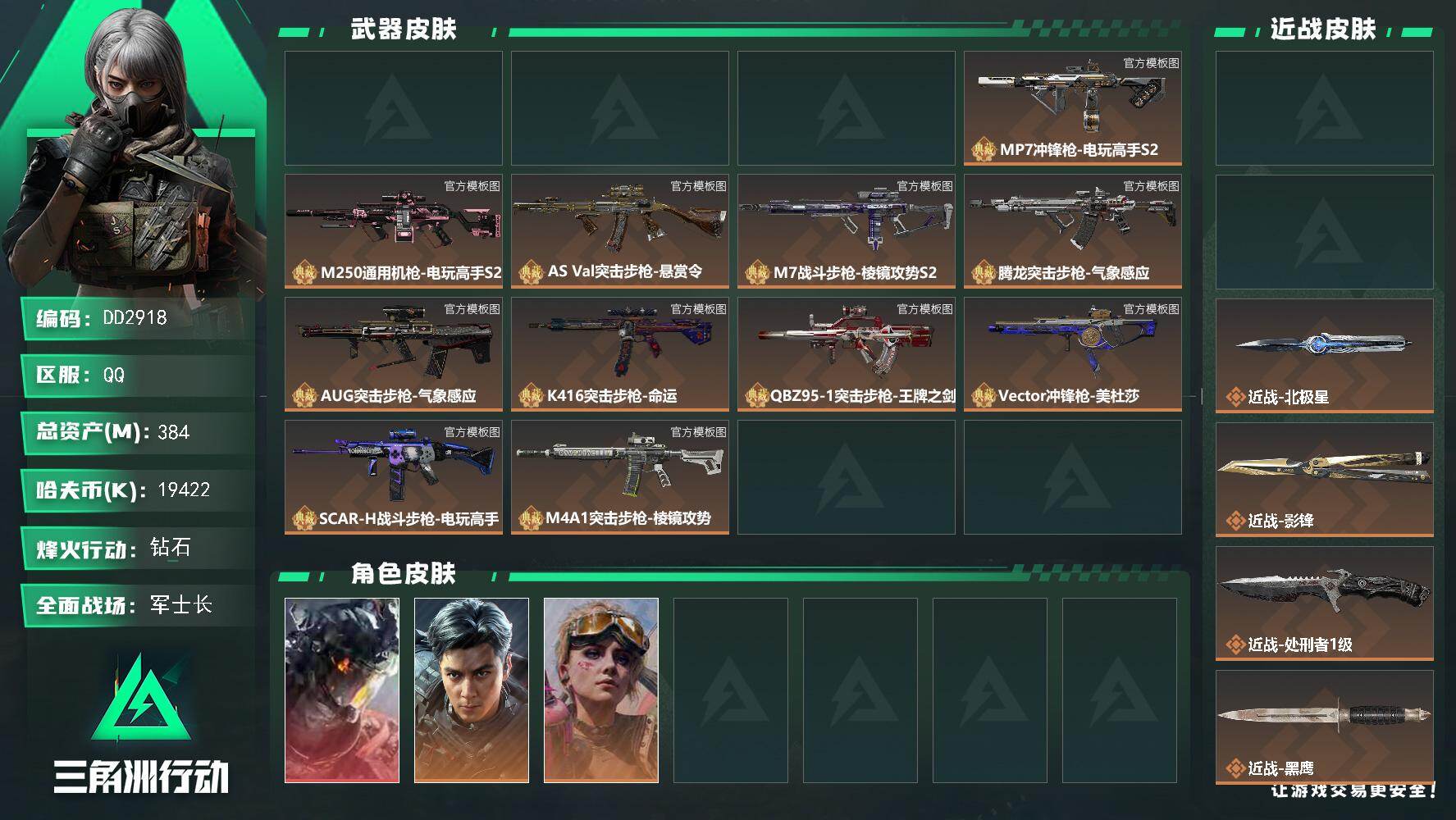 DD2918//Q区【20砖皮10极品5刀1红皮3.8亿高资产皮肤号】【总资产:385.9M+89发AWM子弹+巨浪（极品C）+巨浪（优品B）+巨浪（优品C）+腾龙气象感应（极品C）+腾龙气象感应（优品C）+KC17造物纪元（极品C）+MP7电玩高手（极品C）+M7棱镜攻势（优品A）+QBZ95-1王牌之剑（极品C）+AKM群星（极品C）+AKM群星（优品A）+M250电玩高手（极品C）+M250电玩高手（优品B）+K416命运（极品C）+K416命运（优品B）+M4A1棱镜（优品B）+SCAR电玩高手（极品C）+Vector美杜莎（极品C）+MK4疾光魅影（优品C）+AUG气象感应（优品C）+近战北极星+近战影锋+近战坠星者+近战重塑+近战处刑者+威龙凌霄戍卫+S11赛季3x3（有皮肤）】/烽火等级:60级/全面战场：49级/纯币:19419K/三角券加币：42（三角币42）【极品C-AS，Val突击步枪-悬赏令/优品B-AS，Val突击步枪-悬赏令/优品C-AS，Val突击步枪-悬赏令/极品C-腾龙突击步枪-气象感应/优品C-腾龙突击步枪-气象感应/极品C-KC17突击步枪-造物纪元/极品C-MP7冲锋枪-电玩高手/优品A-M7战斗步枪-棱镜攻势S2/极品C-QBZ95-1突击步枪-王牌之剑/极品C-AKM突击步枪-群星/，优品A-AKM突击步枪-群星/极品C-M250通用机枪-电玩高手/优品B-M250通用机枪-电玩高手/极品C-K416突击步枪-命运/优品B-K416突击步枪-命运/优品B-M4A1突击步枪-棱镜/极品C-SCAR-H战斗步枪-，电玩高手/极品C-Vector冲锋枪-美杜莎/优品C-MK4冲锋枪-疾光魅影/优品C-AUG突击步枪-气象感应】【近战-北极星/近战-影锋/近战-坠星者/近战-重塑/近战-处刑者】【威龙-凌霄戍卫】蛊-不羁人生/-威龙-飞虎/蜂医-医生/疾风-西部往事/无名-守夜人/部门:11311/特勤等级（技术中心3级/工作台3级/制药台3级/防具台3级/仓库8级/指挥中心3级/训练中心4级/靶场4级/潜水中心2级/收藏室1级/洗消舱3级）墨冰捆绑包/拾花捆绑包/K416突击步枪-守夜人/橙色挂饰x12/段位：钻石III（流动资产：346.1M）详情看图syg
【典藏外观成色】：MK4冲锋枪-疾光魅影(优品C)，AKM突击步枪-群星(极品C)，KC17突击步枪-造物纪元(极品C)，MP7冲锋枪-电玩高手S2(极品C)，M250通用机枪-电玩高手S2(极品C)，AS Val突击步枪-悬赏令(优品C)，M7战斗步枪-棱镜攻势S2(优品A)，腾龙突击步枪-气象感应(极品C)，AUG突击步枪-气象感应(优品C)，K416突击步枪-命运(优品B)，QBZ95-1突击步枪-王牌之剑(极品C)，Vector冲锋枪-美杜莎(极品C)，SCAR-H战斗步枪-电玩高手(极品C)，M4A1突击步枪-棱镜攻势(优品B)，AS Val突击步枪-悬赏令(极品C)，AS Val突击步枪-悬赏令(优品B)，腾龙突击步枪-气象感应(优品C)
