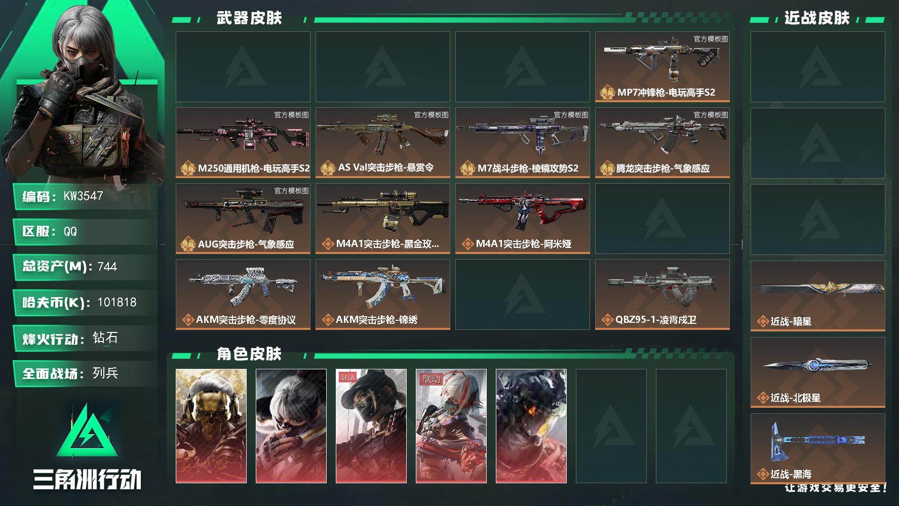 三角洲行动账号QQ744m总资产-k哈夫币-60烽火等级-钻石-16战场等级-列兵
【干员外观】：红狼-蚀金玫瑰，骇爪