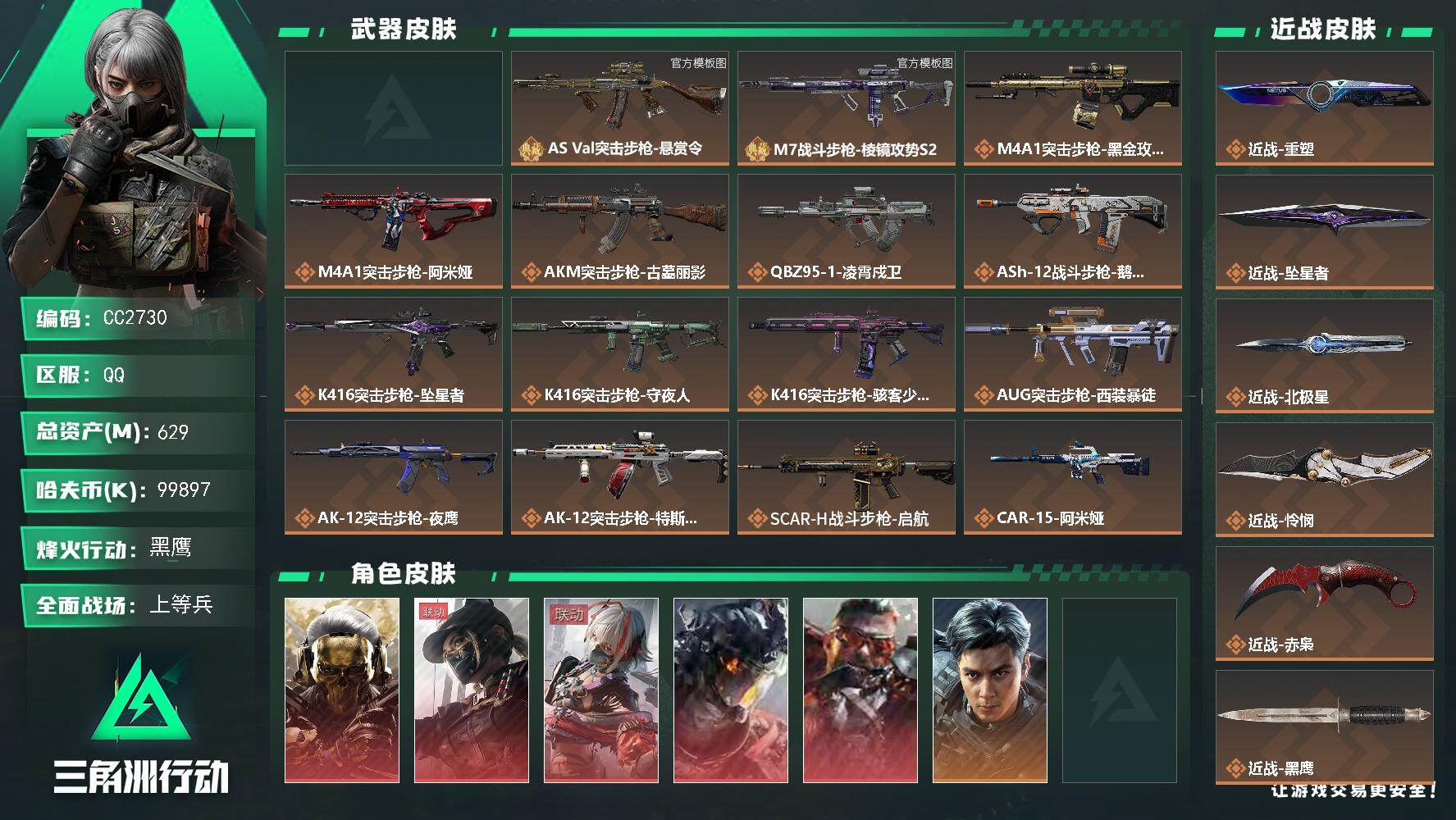CC2730/Q区【3砖5刀5红紫黄哑光M7超高特勤极品号】【总资产:629.5M+M7棱镜(优品S)+巨浪(优品S木质)+造物纪元(优品S)+近战北极星+近战赤枭+近战怜悯+近战重塑+近战坠星者+露娜黑天际线+威龙凌霄戍卫+红狼蚀金玫瑰+骇爪维什戴尔+乌鲁鲁狂怒+海洋之泪+一列非洲之心+仓库9+满体满负】/烽火等级:60级/全面战场：21级/纯币:99897K/三角券加币：316（三角币316）【近战-北极星/近战-赤枭/近战-怜悯/近战-重塑/近战-坠星者】【露娜-黑天际线/威龙-凌霄戍卫/红狼-蚀金玫瑰/骇爪-维什戴尔/乌鲁鲁-狂怒】【威龙-飞虎/银翼-未结卷宗/深蓝-不破誓约/深蓝-盾峰/蜂医-无题密令/蜂医-医生/无名-守夜人疾风-西部往事】/部门:23332/特勤等级（技术中心3级/工作台3级/制药台3级/防具台3级/仓库9级/指挥中心5级/训练中心7级/靶场7级/潜水中心3级/收藏室2级/洗消舱1级）橙色挂饰x15/段位：黑鹰III（流动资产：562.4M）K416突击步枪-骇客少女/QBZ95-1突击步枪-凌霄戍卫/拾花捆绑包/神经漫游捆绑包/详情看图zjm
