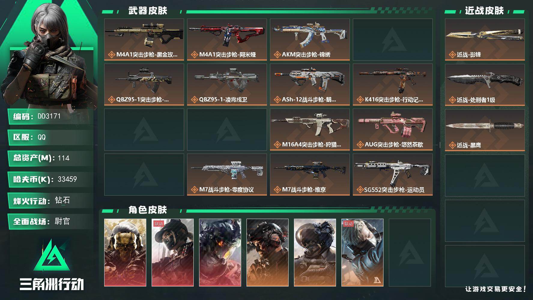 DD3171//Q区【双刀影锋3红黑狼露娜猫猫头满级体力赛季3x2天才少年黄金鸟窝徽章】【总资产:114.5M+近战影锋+近战处刑者+威龙凌霄戍卫+露娜黑天际线+红狼蚀金玫瑰+S11赛季3x2】/烽火等级:60级/全面战场：50级/纯币:33457K/三角券加币：1080（三角币1080）【近战-影锋/近战-处刑者】【威龙-凌霄戍卫/露娜-黑天际线/红狼-蚀金玫瑰】威龙-铁面判官/威龙-壮志凌云/蛊-不羁人生/深蓝-不破誓约/露娜-金牌射手/疾风-西部往事/蜂医-送葬人-无题密令/蜂医-医生/无名-守夜人/无名-夜鹰/银翼-未结卷宗/牧羊人-街头之王/乌鲁鲁-荒原猎手/红狼-电锯惊魂//部门:23322/特勤等级（技术中心3级/工作台3级/制药台3级/防具台3级/仓库8级/指挥中心5级/训练中心7级/靶场5级/潜水中心1级/收藏室1级/洗消舱0级）M4A1突击步枪-蚀金玫瑰/AKM突击步枪-古墓丽影/QBZ95-1突击步枪-凌霄戍卫/K416突击步枪-骇客少女/橙色挂饰x15/段位：钻石iv（流动资产：82M）详情看图syg