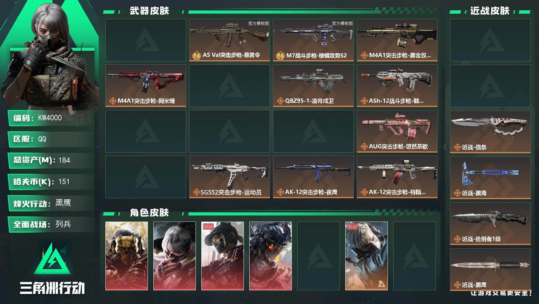 三角洲行动账号QQ【KW4000】总资产184M/哈夫币15万/传说近战数5/干员外观数18/典藏外观数3/传说枪皮数65/战场等级10/行动等级60/安全箱等时效性道具以游戏内数据为准，详情请看图/余烬之影/爆裂鼓