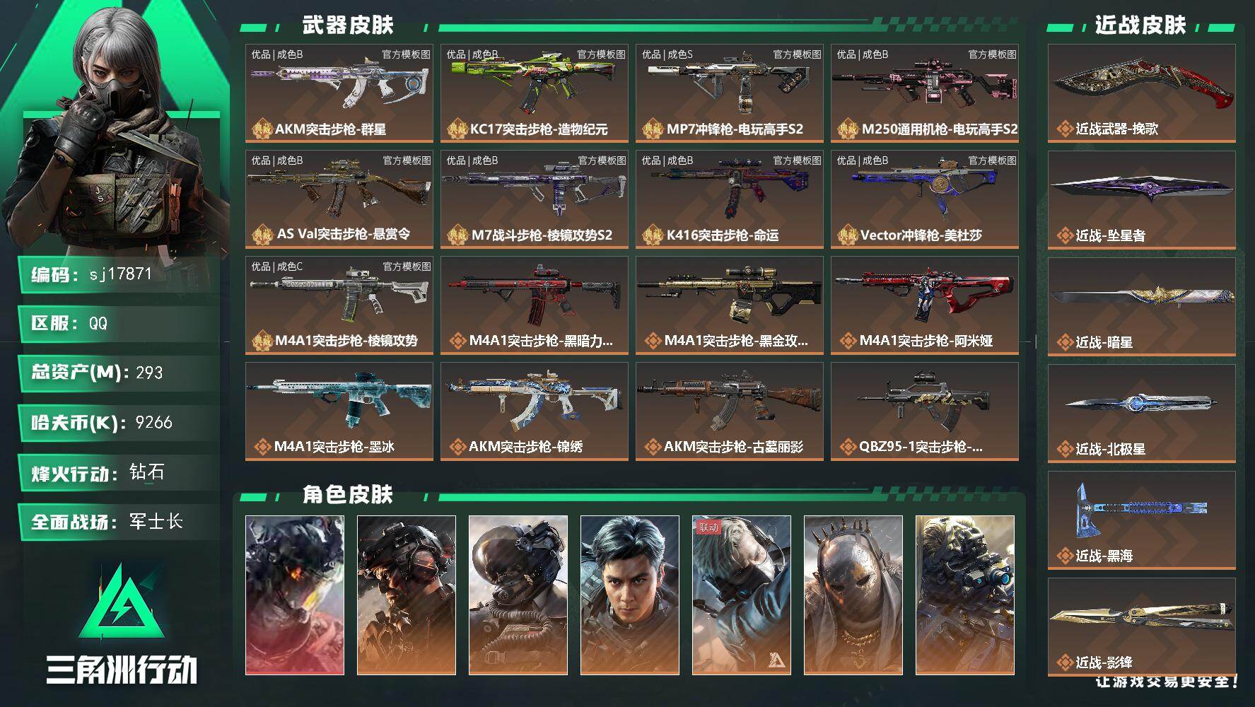 三角洲行动账号QQ总资产293M/哈夫币926万/传说近战数7/干员外观数17/典藏外观数9/传说枪皮数75/战场等级
