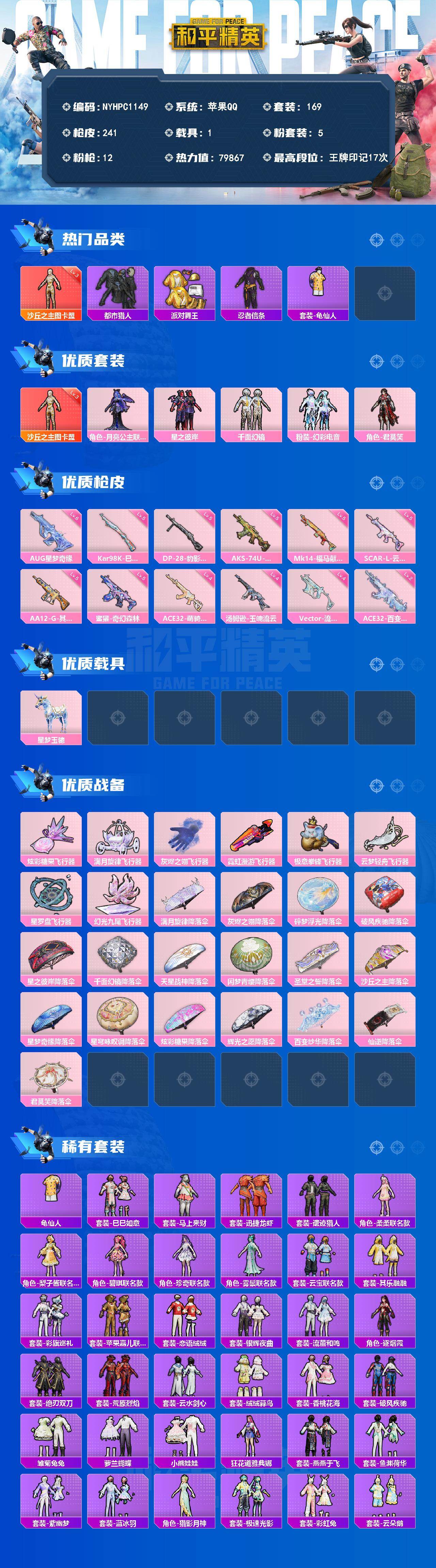 苹果手Q-历史最高段位：传奇王牌21星-1神装-5粉装-12特效枪-1载具-9粉色飞行器-79867热力值-17王牌印记-169套装-241枪皮
【红色神装等级】：沙丘之主-图卡盟(三级)
【红色角色神装】：沙丘之主-图卡盟
【热门品类】：套装-都市猎人，套装-派对舞王，套装-忍者信条，套装-龟仙人