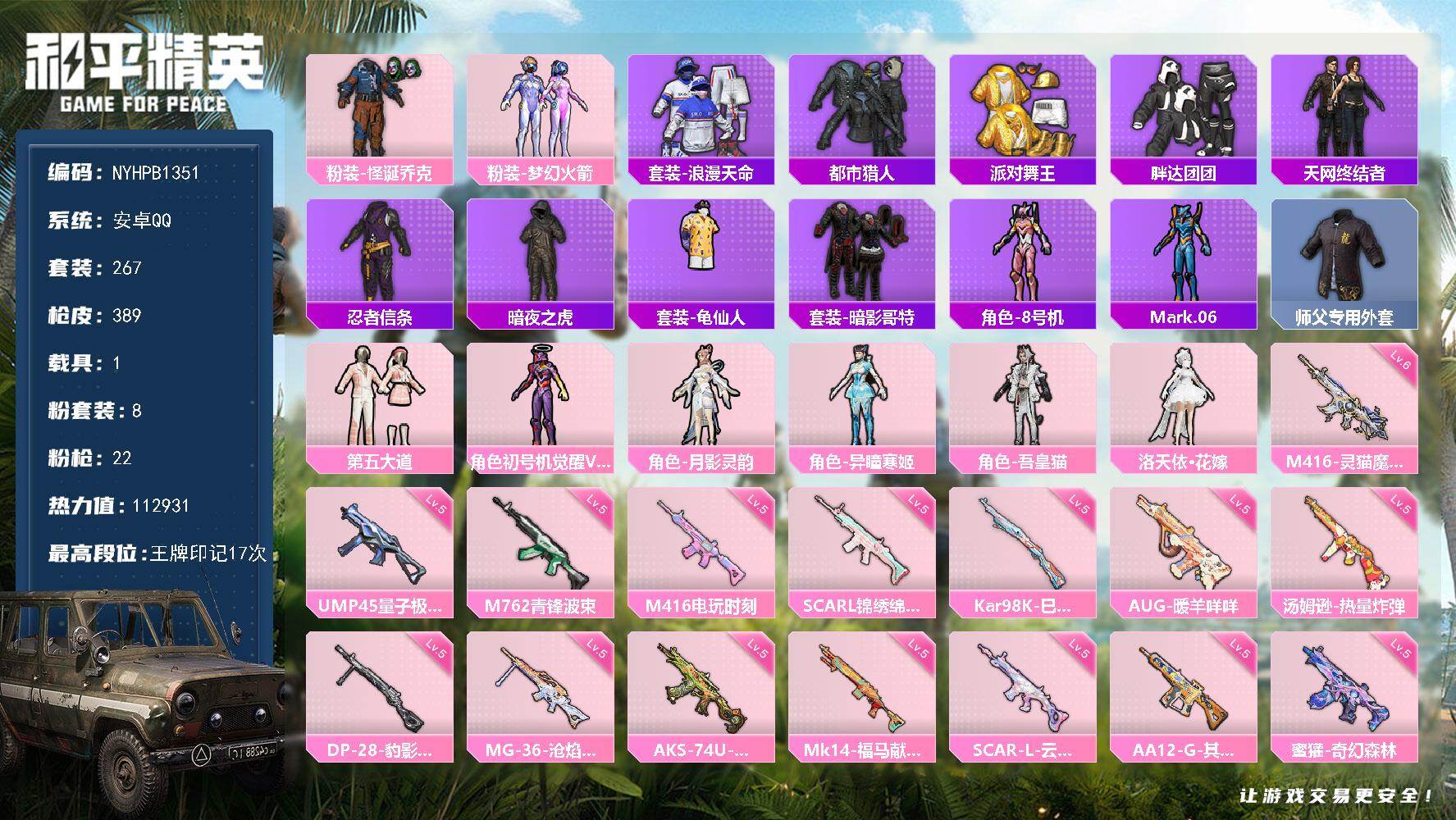 安卓手Q-历史最高段位：超级王牌22星-8粉装-22特效枪-1载具-9粉色飞行器-热力值-17王牌印记-267套装-389枪皮
【热门品类】：粉装-怪诞乔克，粉装-梦幻火箭，套装-浪漫天命，套装-都市猎人，套装-派对舞王，套装-胖达团团，套装-天网终结者，套装-忍者信条，套装-暗夜之虎，