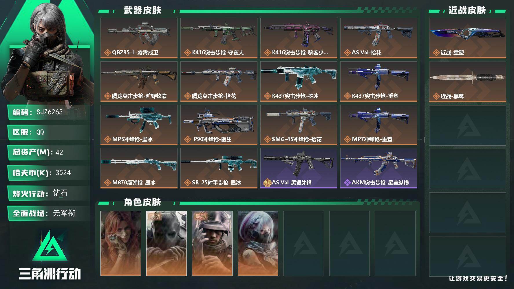 三角洲行动账号QQ42m总资产3524k哈夫币60烽火等级钻石2战场等级无军衔
【干员外观】疾风西部往事无名守夜人蜂医