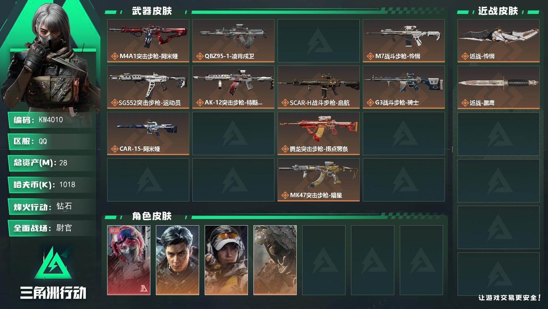 三角洲行动账号QQ【KW4010】总资产28M/哈夫币101万/传说近战数1/干员外观数8/传说枪皮数35/战场等级42/行动等级60/安全箱等时效性道具以游戏内数据为准，详情请看图/黄金视野/摇钱树/时间沙漏/挂饰