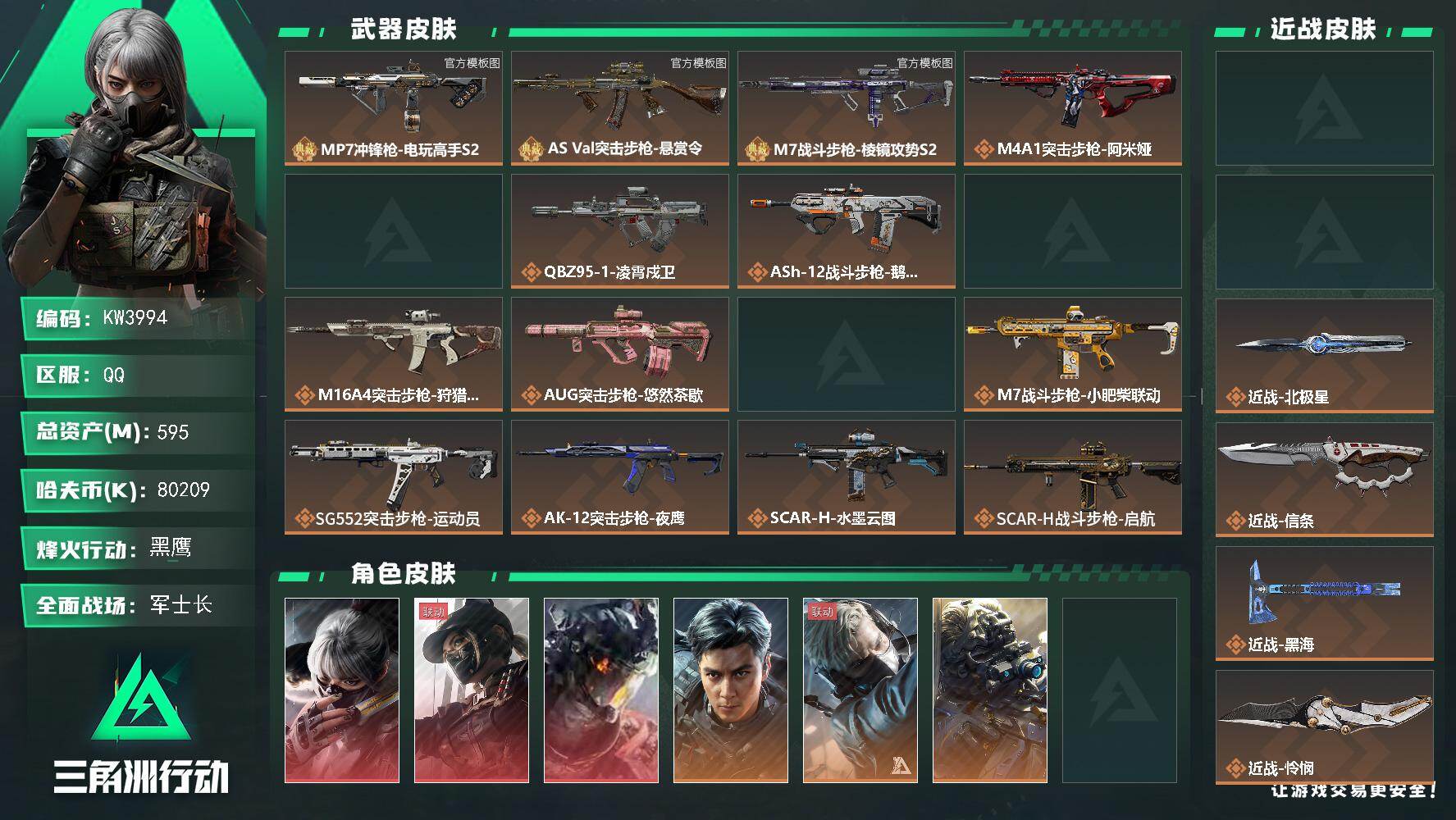 三角洲行动账号QQ595m总资产-80209k哈夫币-60烽火等级-黑鹰-29战场等级-军士长
【干员外观】：骇爪-水