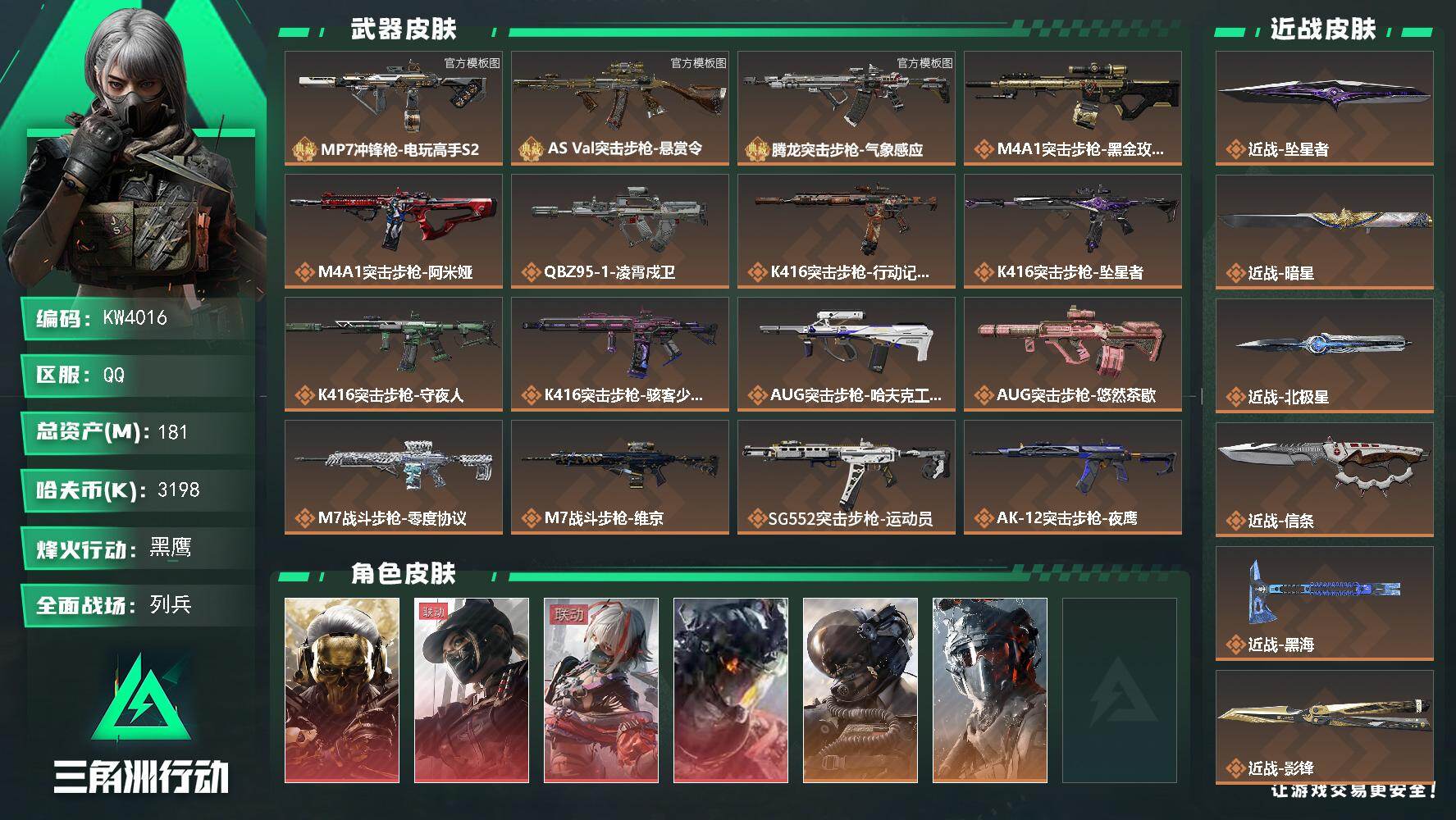 三角洲行动账号QQ【4红8刀，蛟龙加3砖皮，非洲之心，138流动】181m总资产-3198k哈夫币-60烽火等级-黑鹰